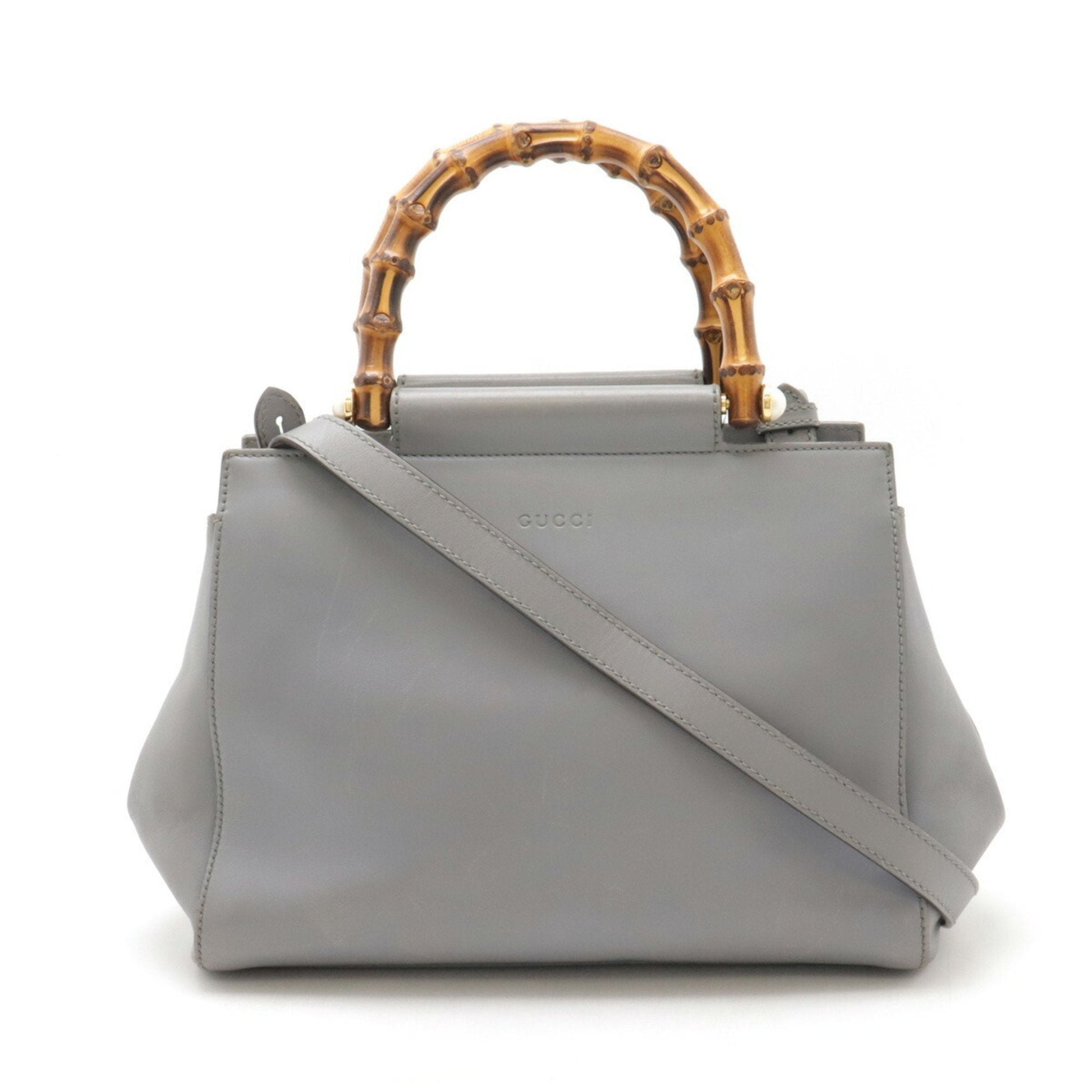 Gucci Bamboo Gray Bamboo Leather Artificial Pearl Handbag Shoulder Bag ()