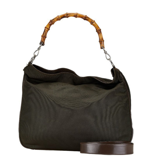 Gucci Brown Khaki Nylon Leather Handbag Shoulder Bag ()