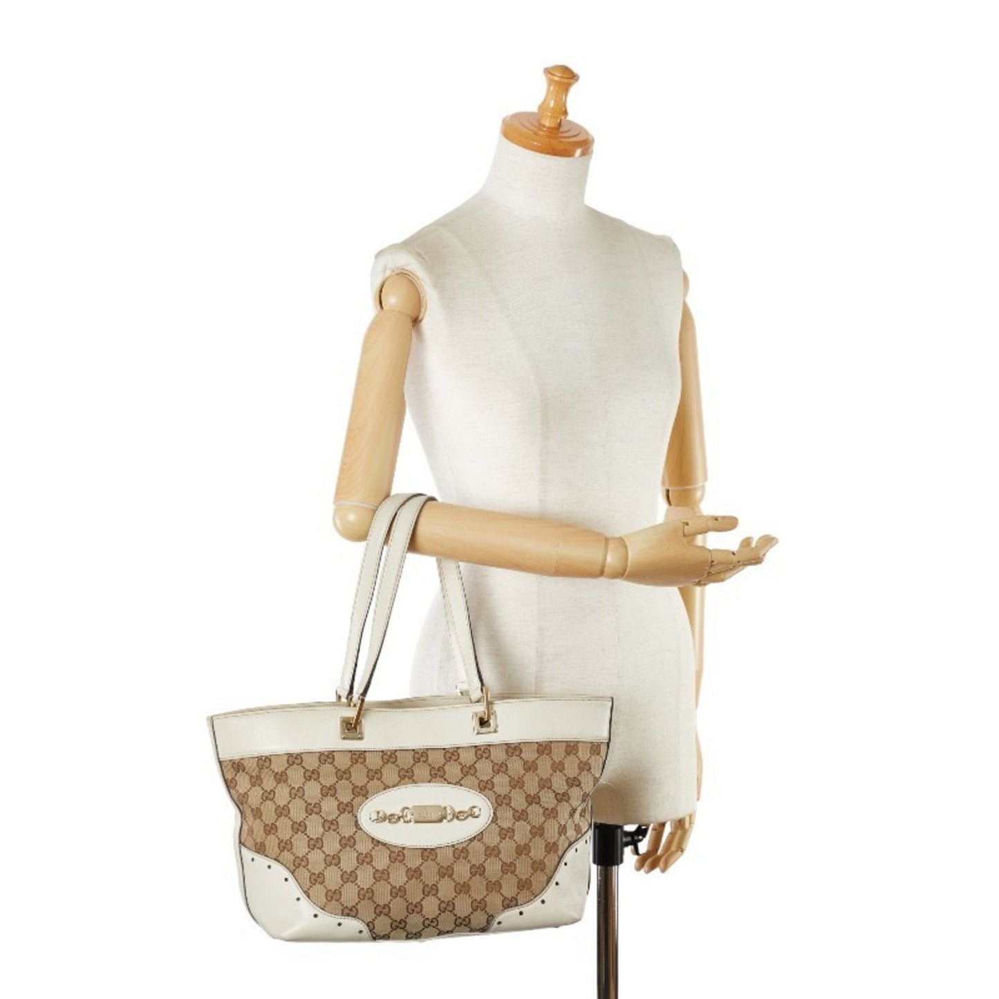 Gucci Beige White Gg Canvas Leather Handbag Tote Bag