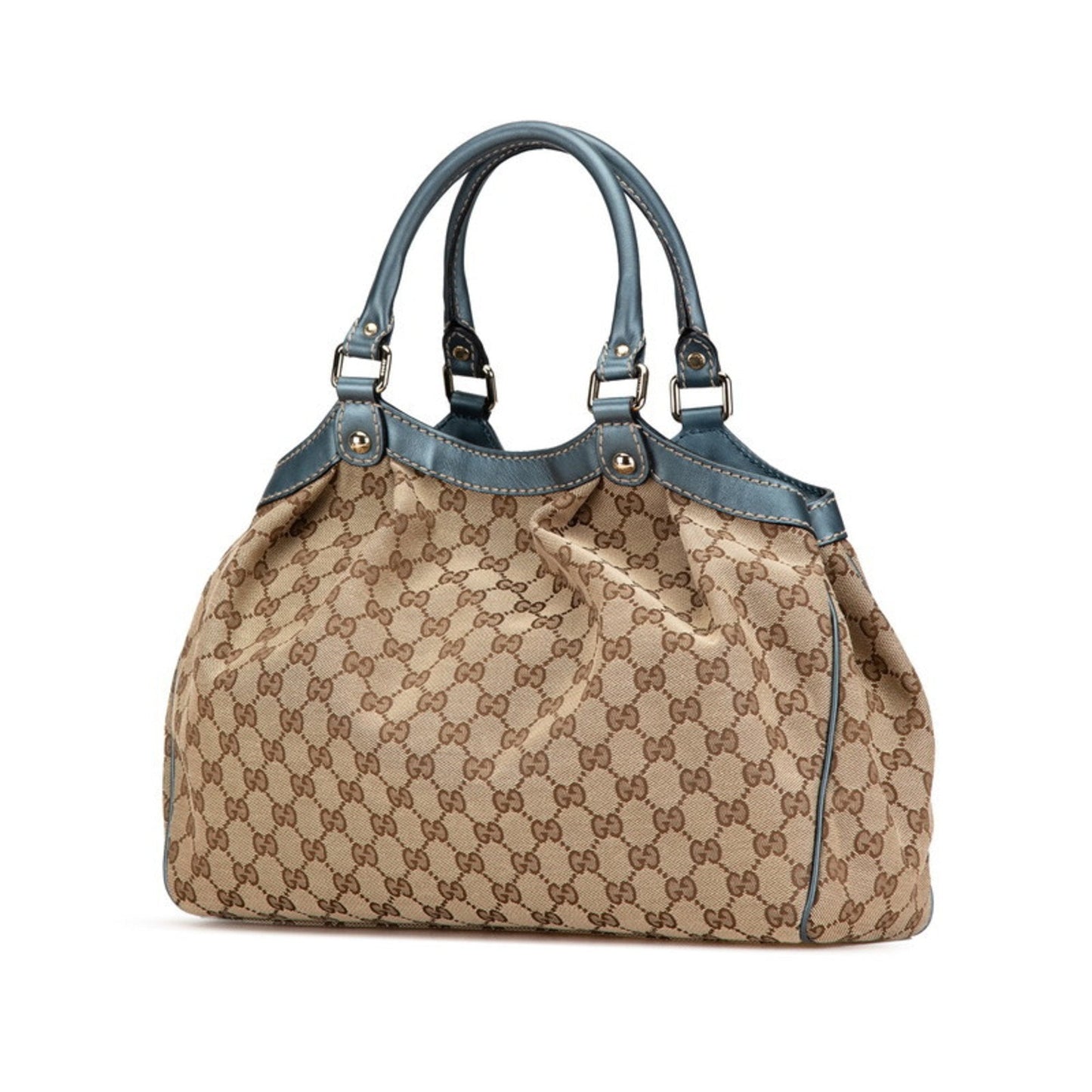 Gucci Gg Canvas Beige Blue Canvas Leather Handbag Tote Bag