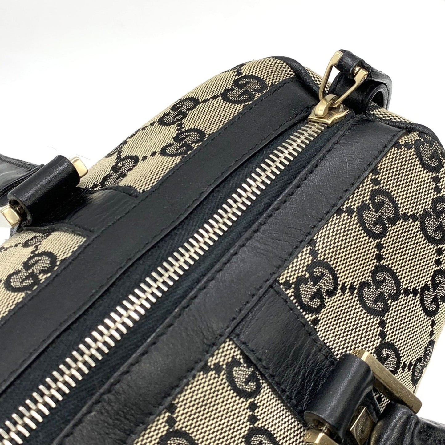 Gucci Black Gg Canvas Leather Boston Bag Handbag