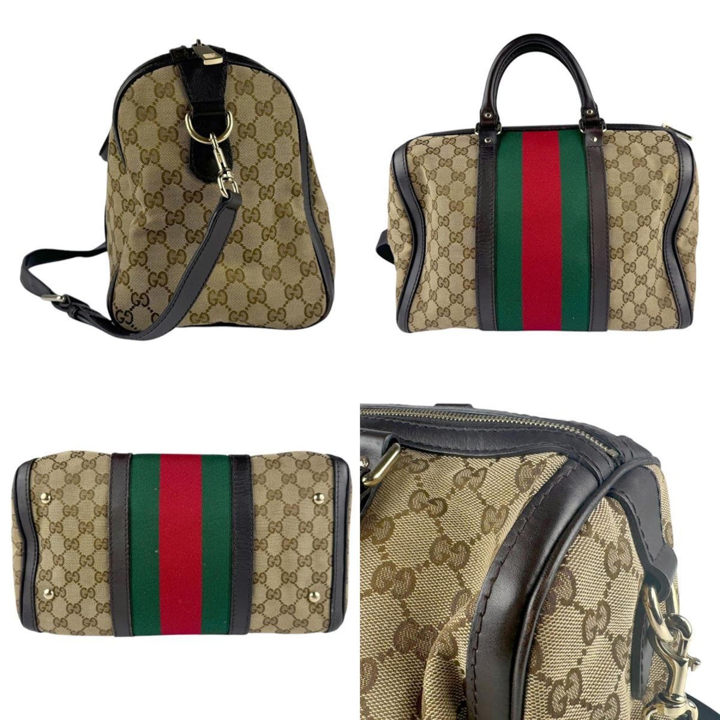Gucci Beige Brown Green Red Color Gg Canvas Leather Handbag Shoulder Bag