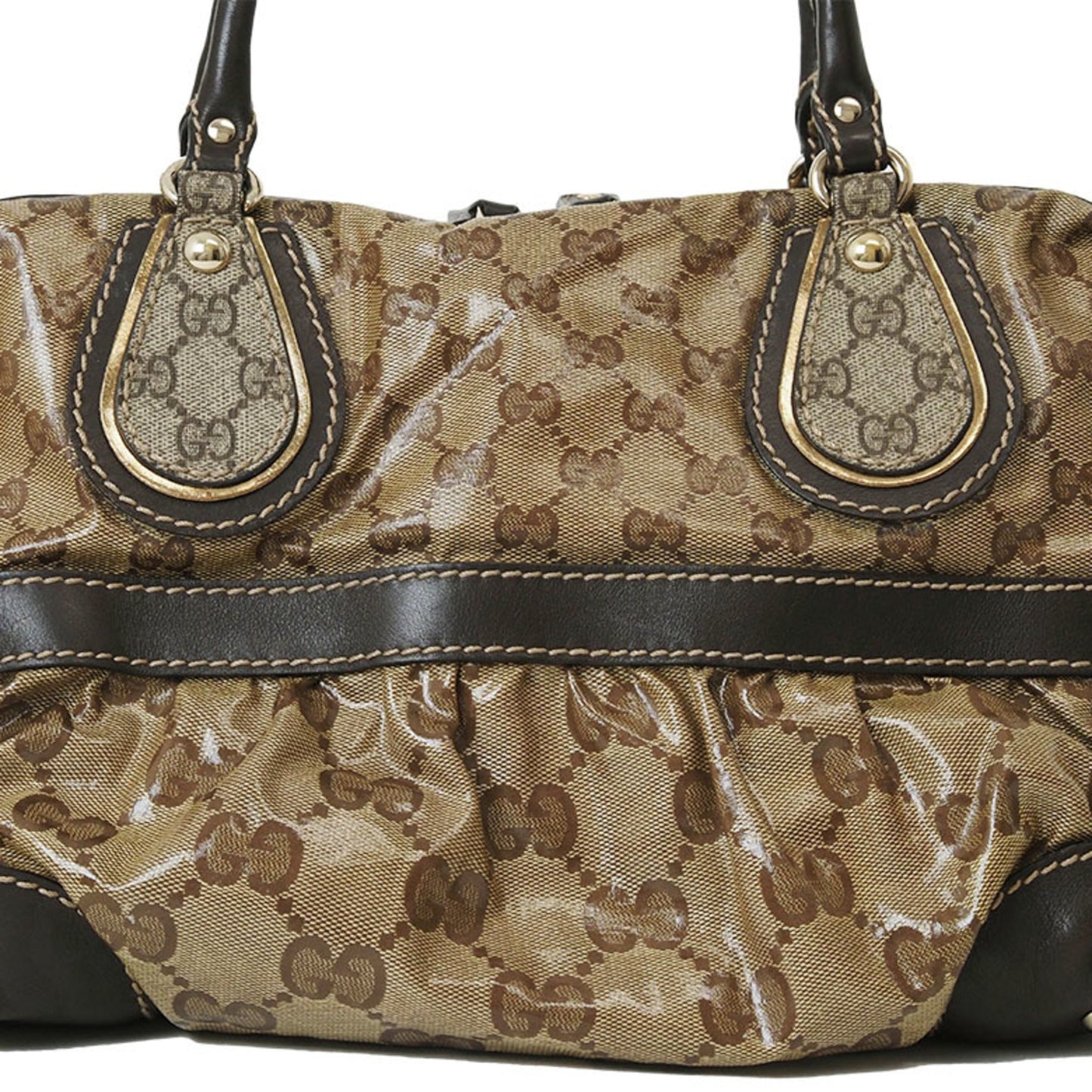 Gucci Gg Crystal Beige Dark Brown Pvc Leather Boston Bag Handbag