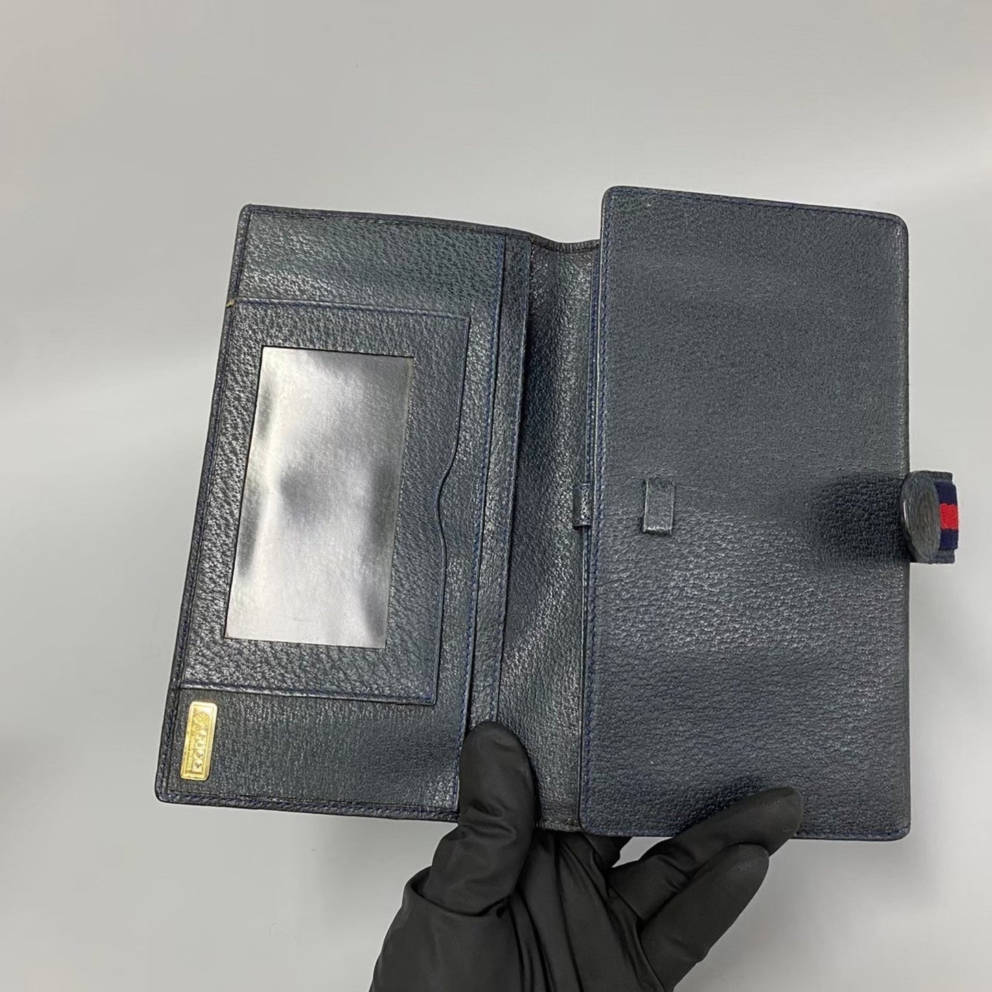 Gucci Navy Red Color Leather Pvc Long Wallet (Bi-Fold)