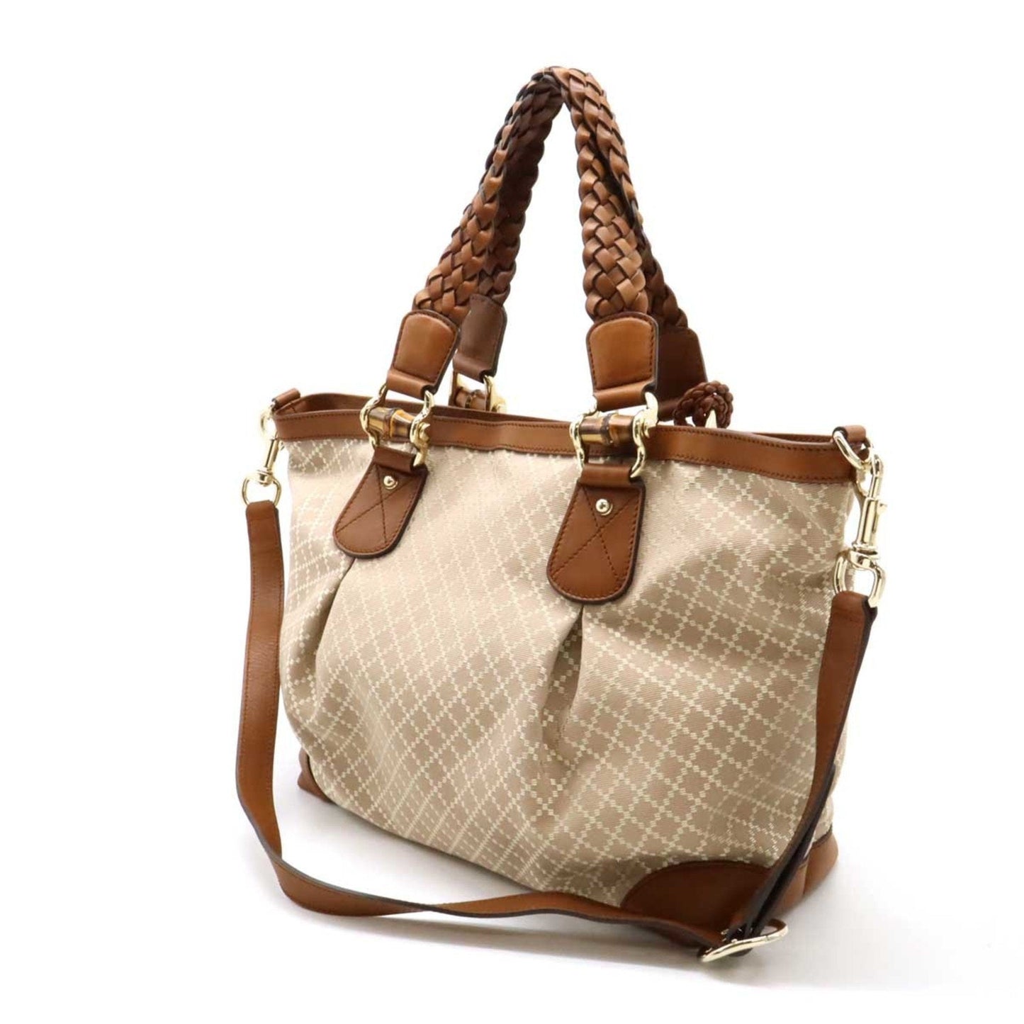 Gucci Beige Brown Bamboo Canvas Leather Shoulder Bag Tote Bag