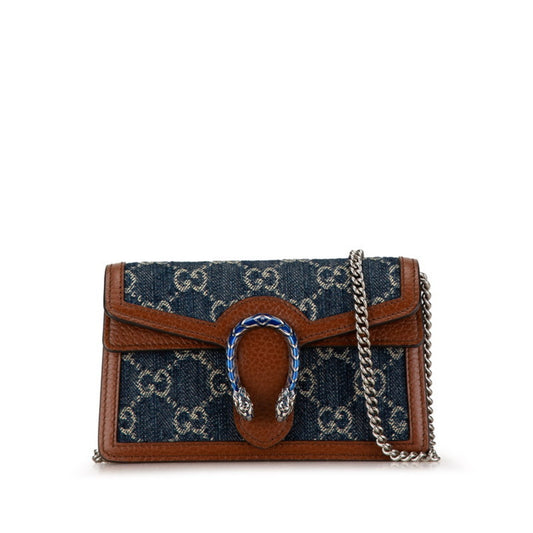 Gucci Brown Navy Denim Leather Shoulder Bag ()