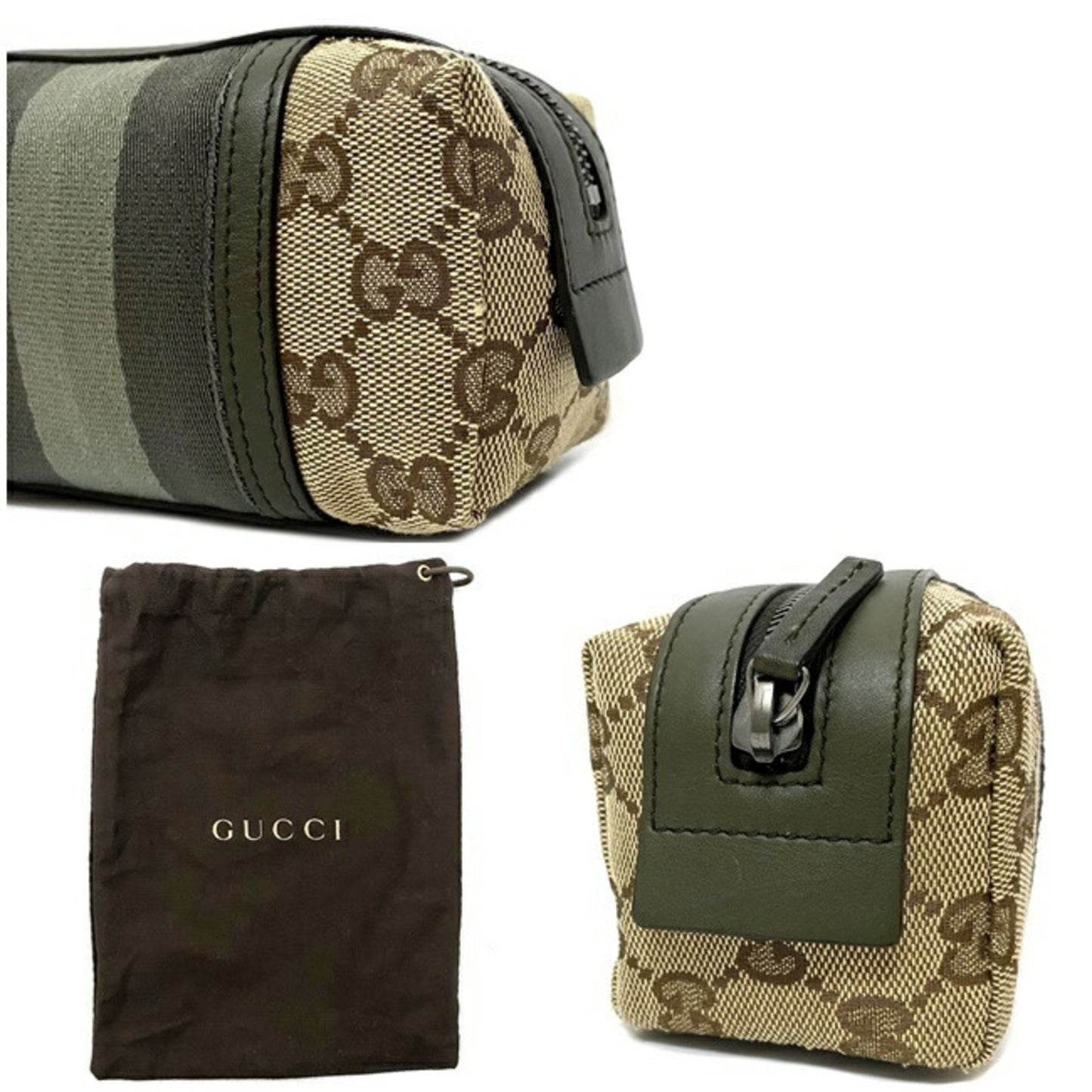 Gucci Web Beige Khaki Canvas Leather Pouch