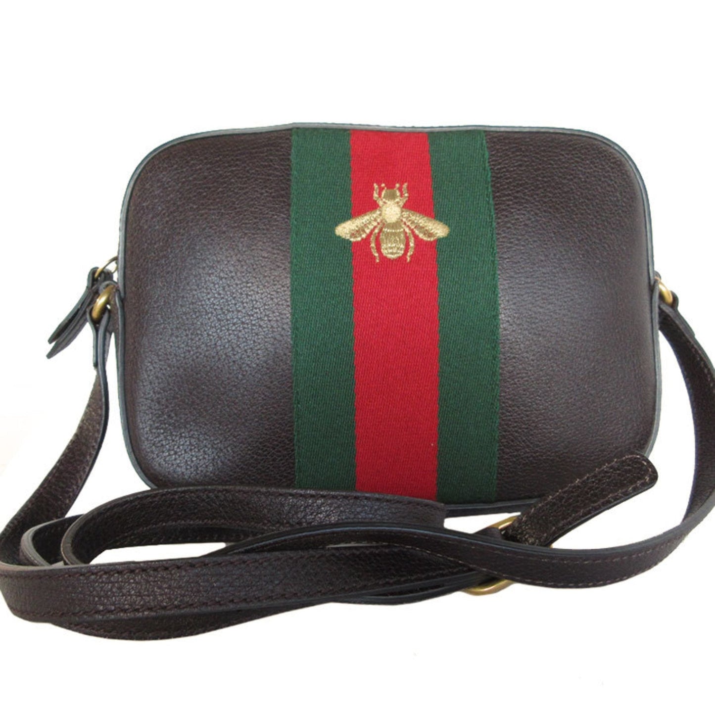 Gucci Dark Brown Green Red Color Canvas Leather Shoulder Bag ()