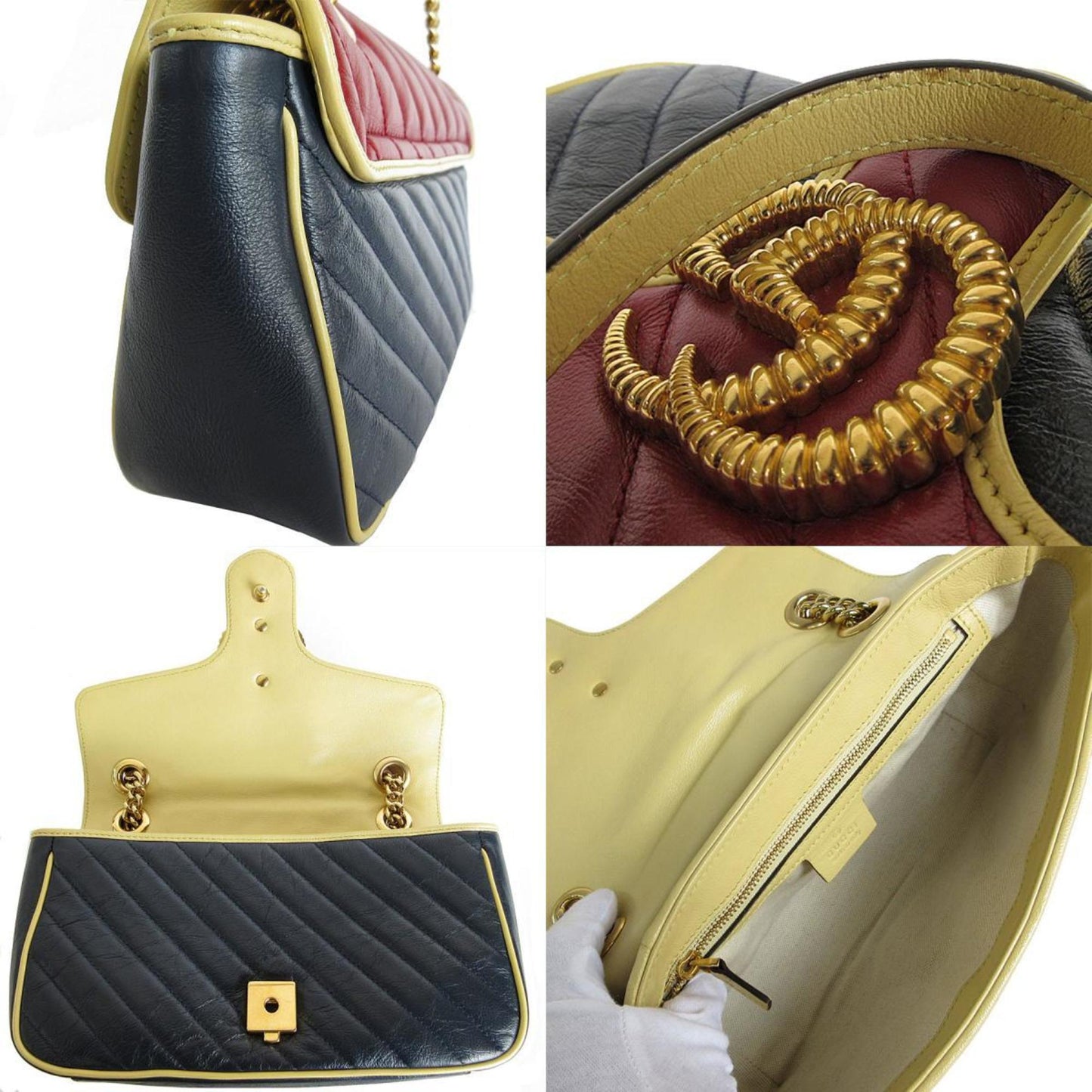 Gucci Burgundy Gold Navy Leather Metal Shoulder Bag