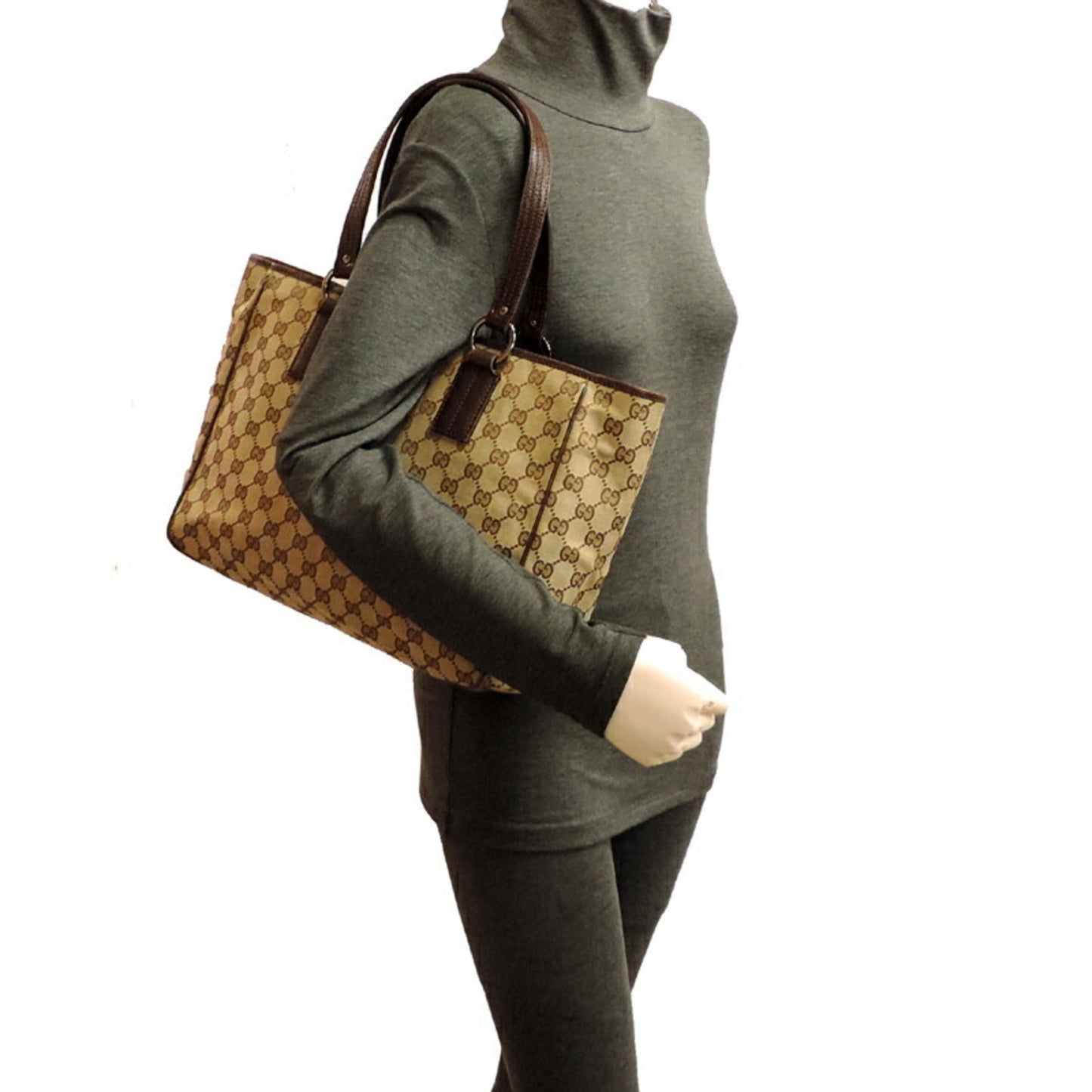 Gucci Gg Canvas Beige Brown Gg Canvas Leather Tote Bag