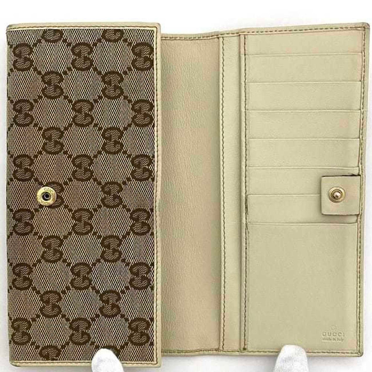 Gucci Beige Brown White Canvas Long Wallet (Bi-Fold)