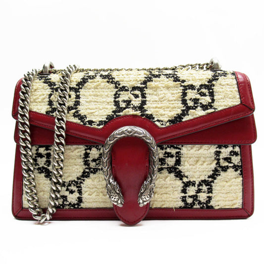 Gucci Black Dark Red Off-White Tweed Leather Shoulder Bag ()