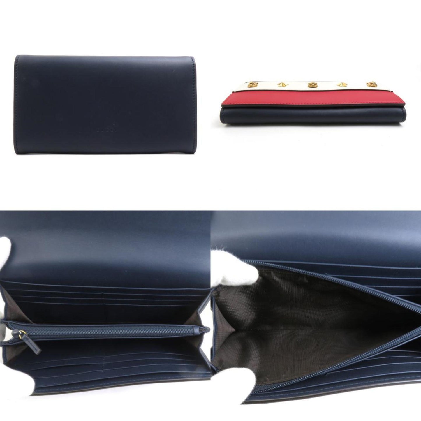 Gucci Navy Off-White Red Color Leather Long Wallet (Bi-Fold)