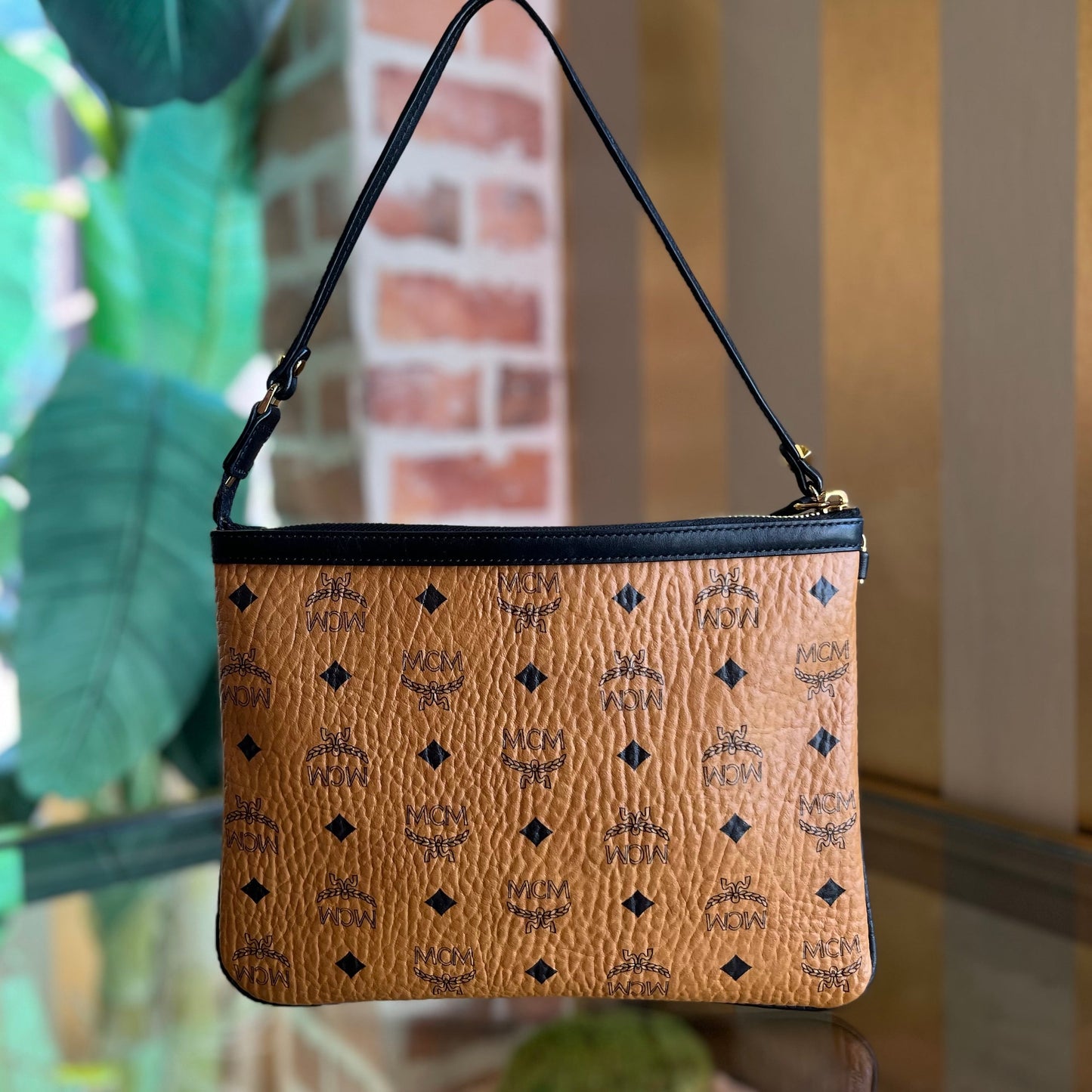 MCM Liz Shopper Tote Pouch Tan Black Visetos Shoulder Bag Cognac