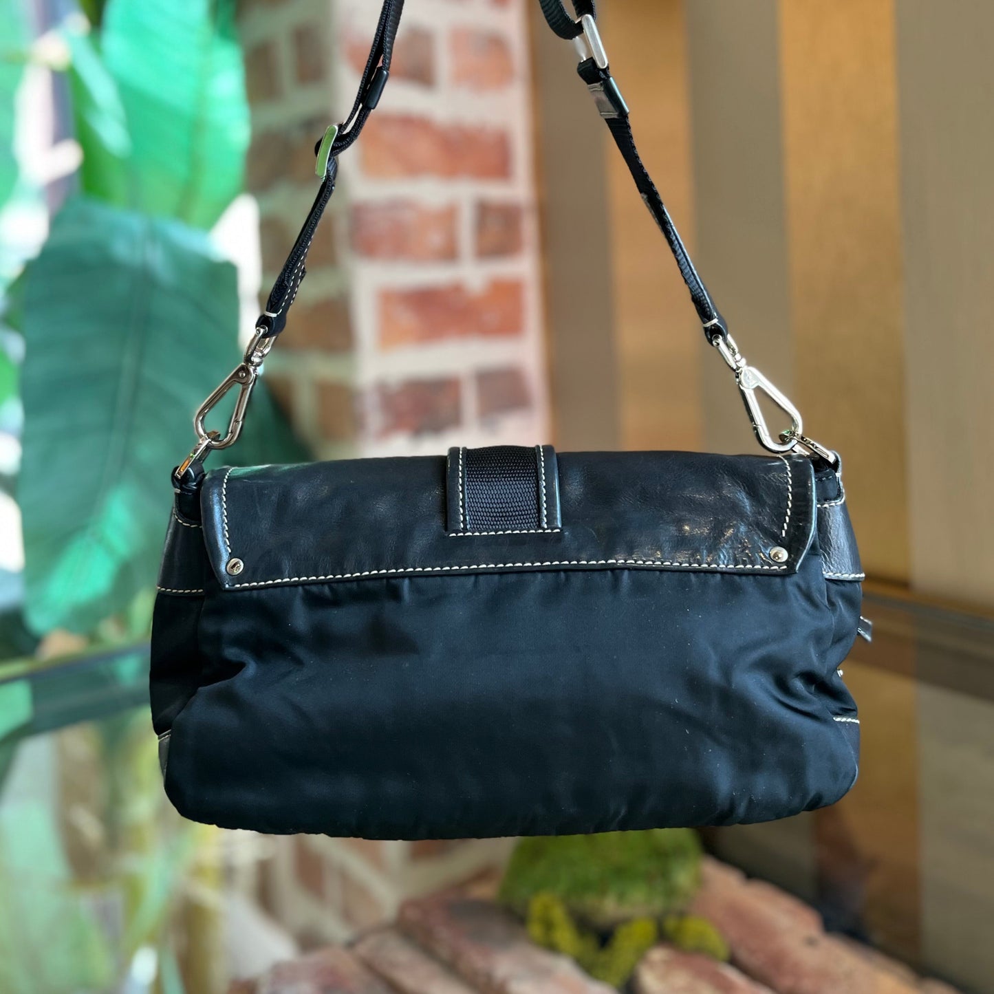 PRADA Black Nylon Soft Calfskin Vintage Buckle Shoulder Bag