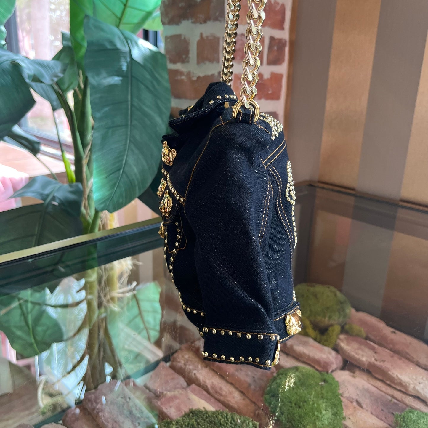 MOSCHINO Denim Jacket Gold Teddy Bear Shoulder Bag TS3906