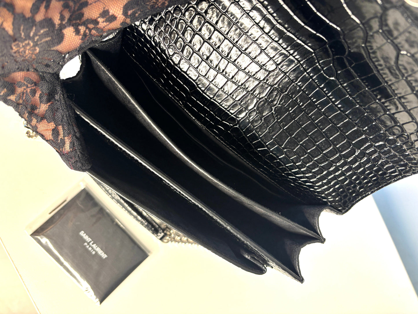 Saint Laurent Sunset Croc-Effect Black Medium Shoulder Bag - Preloved (Like New)