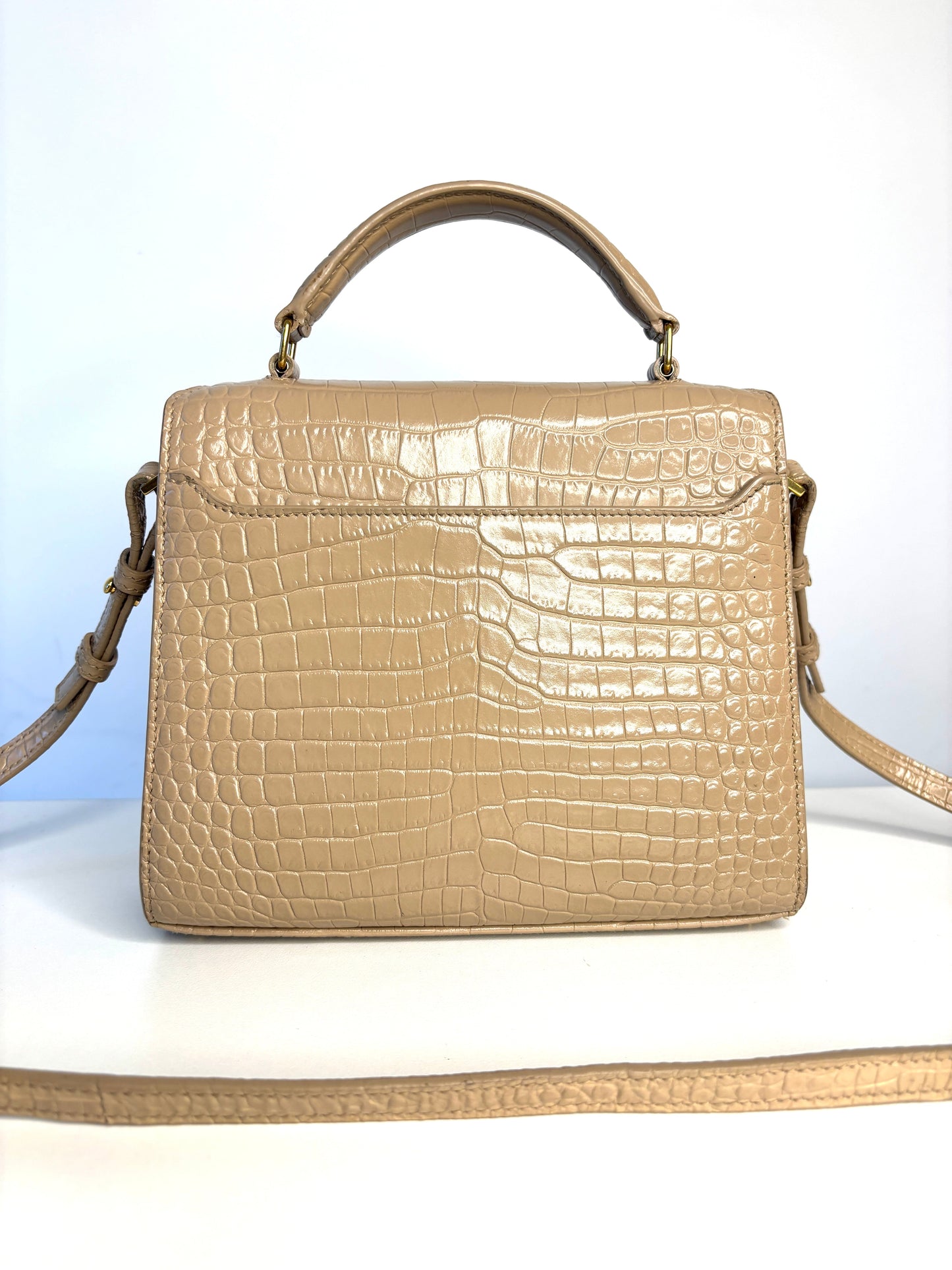 Saint Laurent YSL Crocodile Embossed Mini Classic Monogram Cassandra Nude Top Handle Bag Preloved