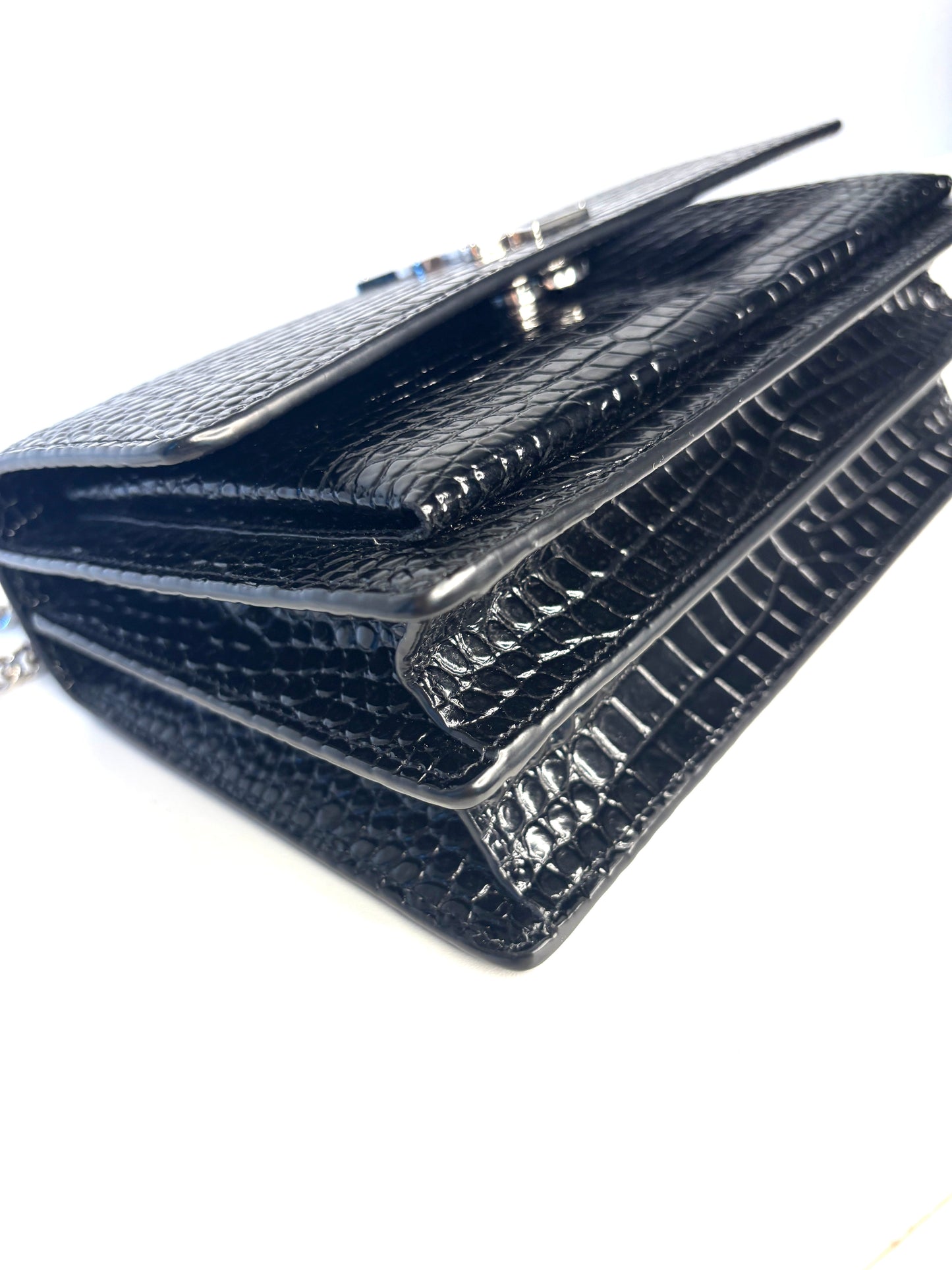 Saint Laurent Sunset Croc-Effect Black Medium Shoulder Bag - Preloved (Like New)