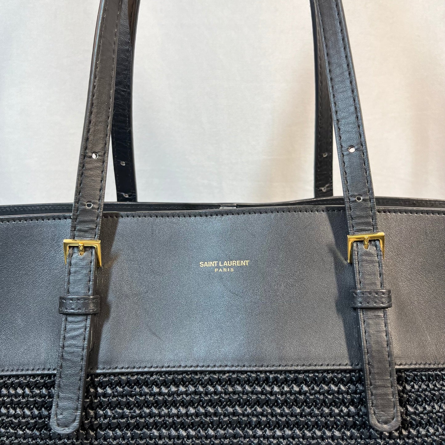 SAINT LAURENT Buckle East West Black Raffia Shooper Tote