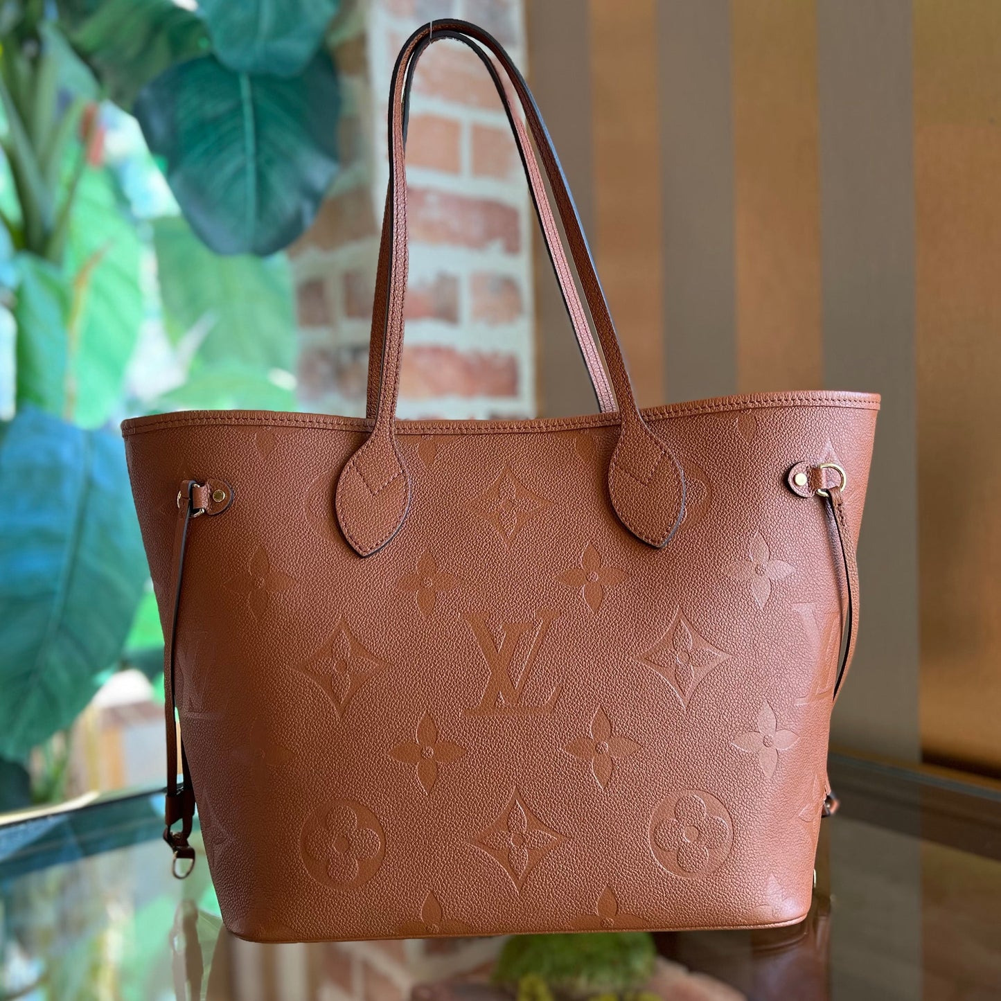 LOUIS VUITTON Neverfull MM Cognac Empreinte Monogram Giant Leather Tote Bag