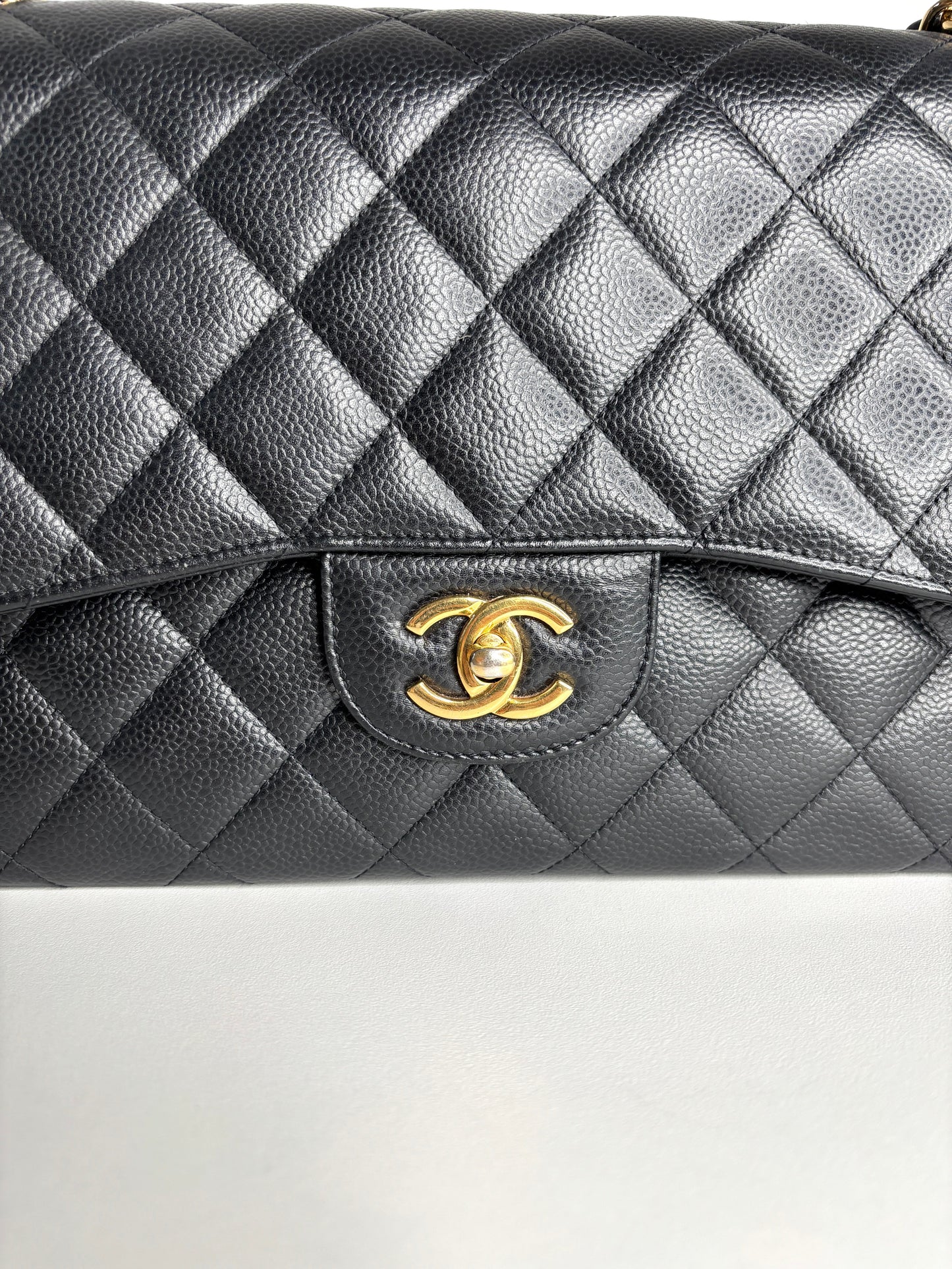 Chanel Jumbo Black Caviar Classic Double Flap Gold Hardware Shoulder Bag 2021 - Preloved