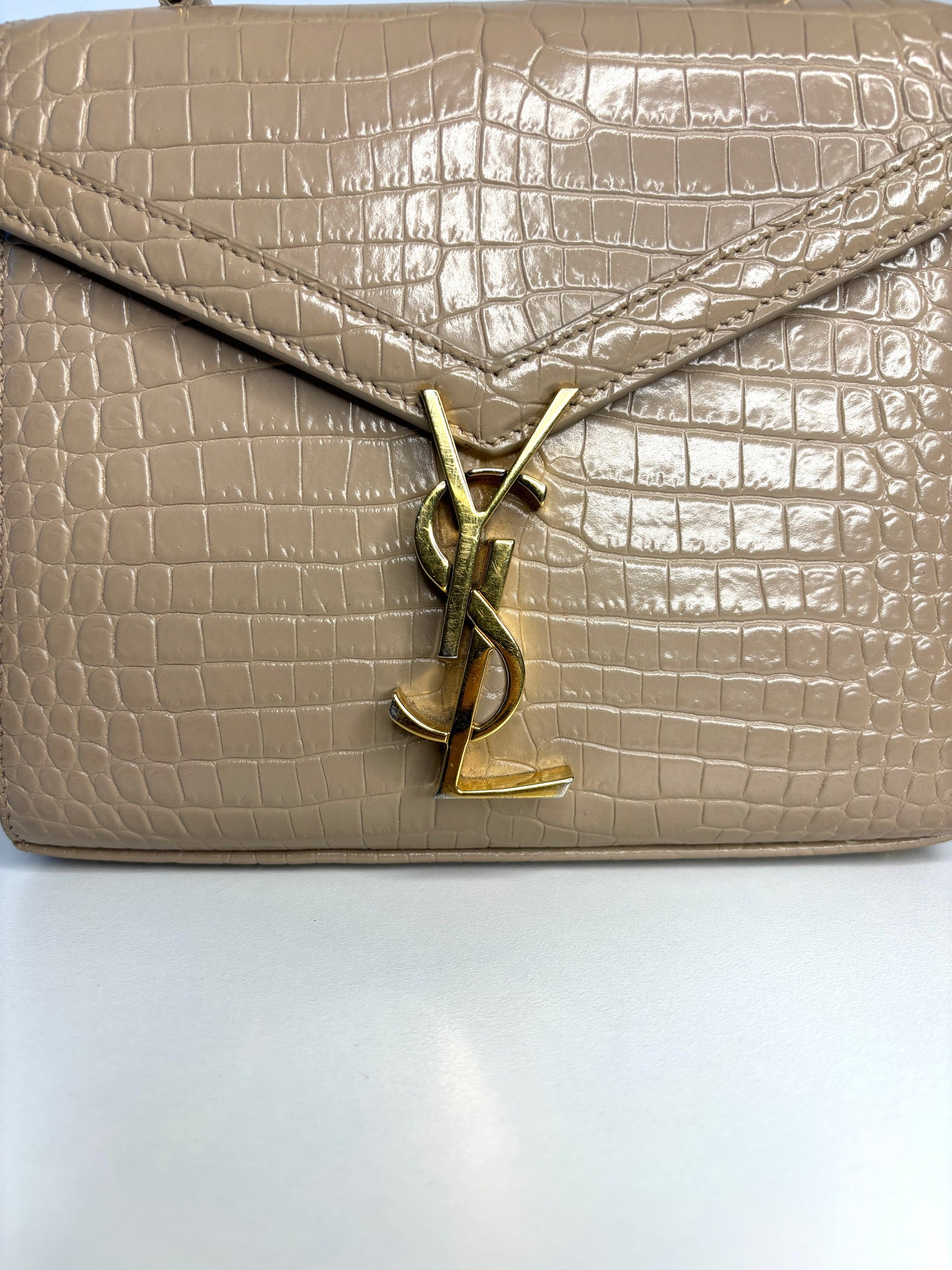 Saint Laurent YSL Crocodile Embossed Mini Classic Monogram Cassandra Nude Top Handle Bag Preloved