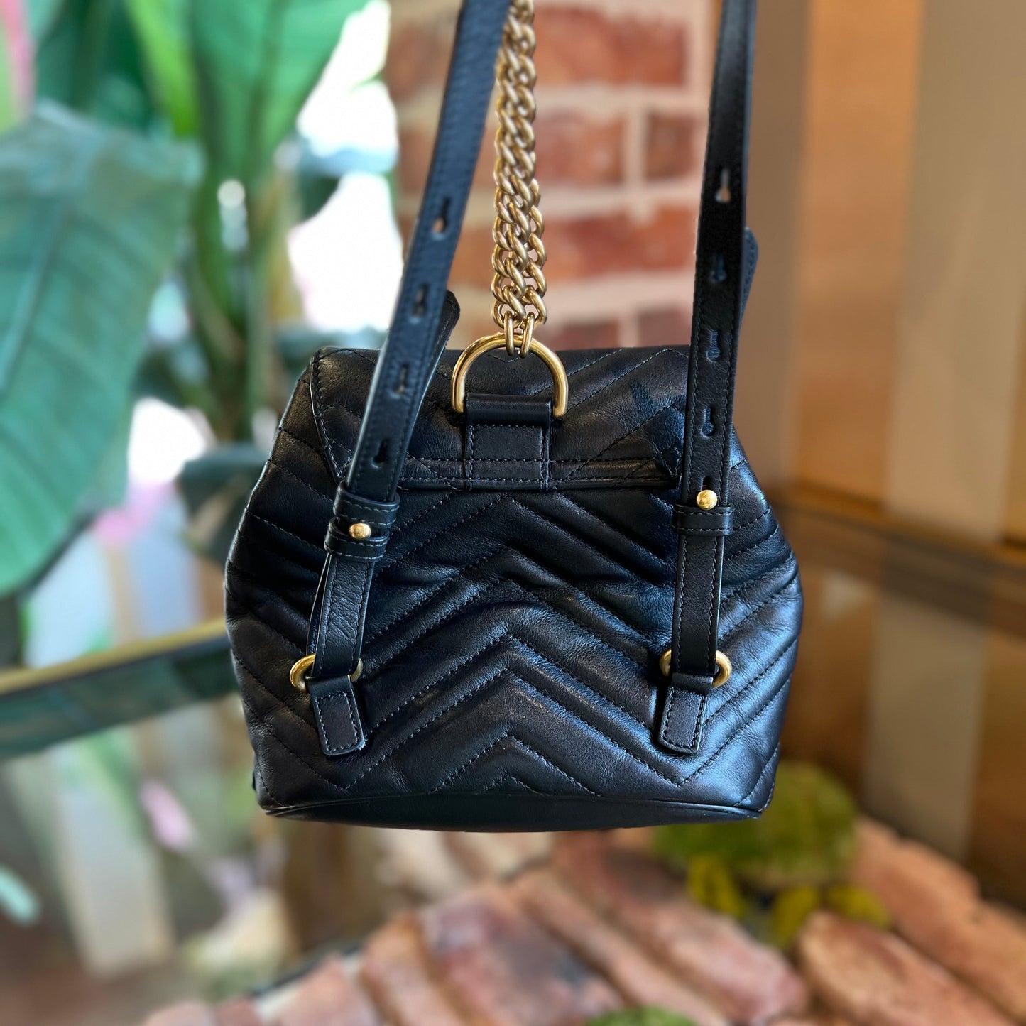 GUCCI GG Marmont Black Calfskin Matelassé Flap Backpack