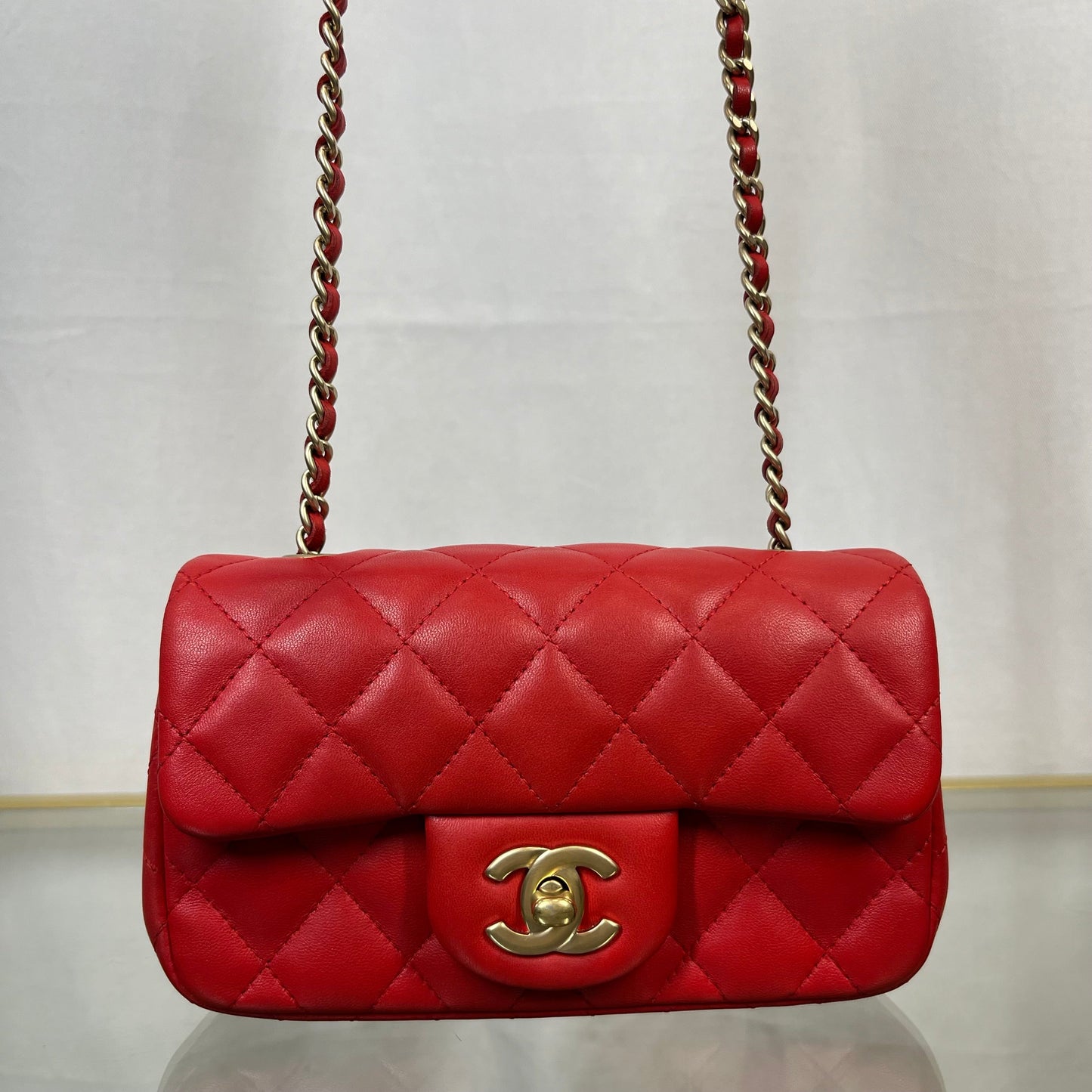 CHANEL Red Lambskin Mini Rectangle Shoulder Bag