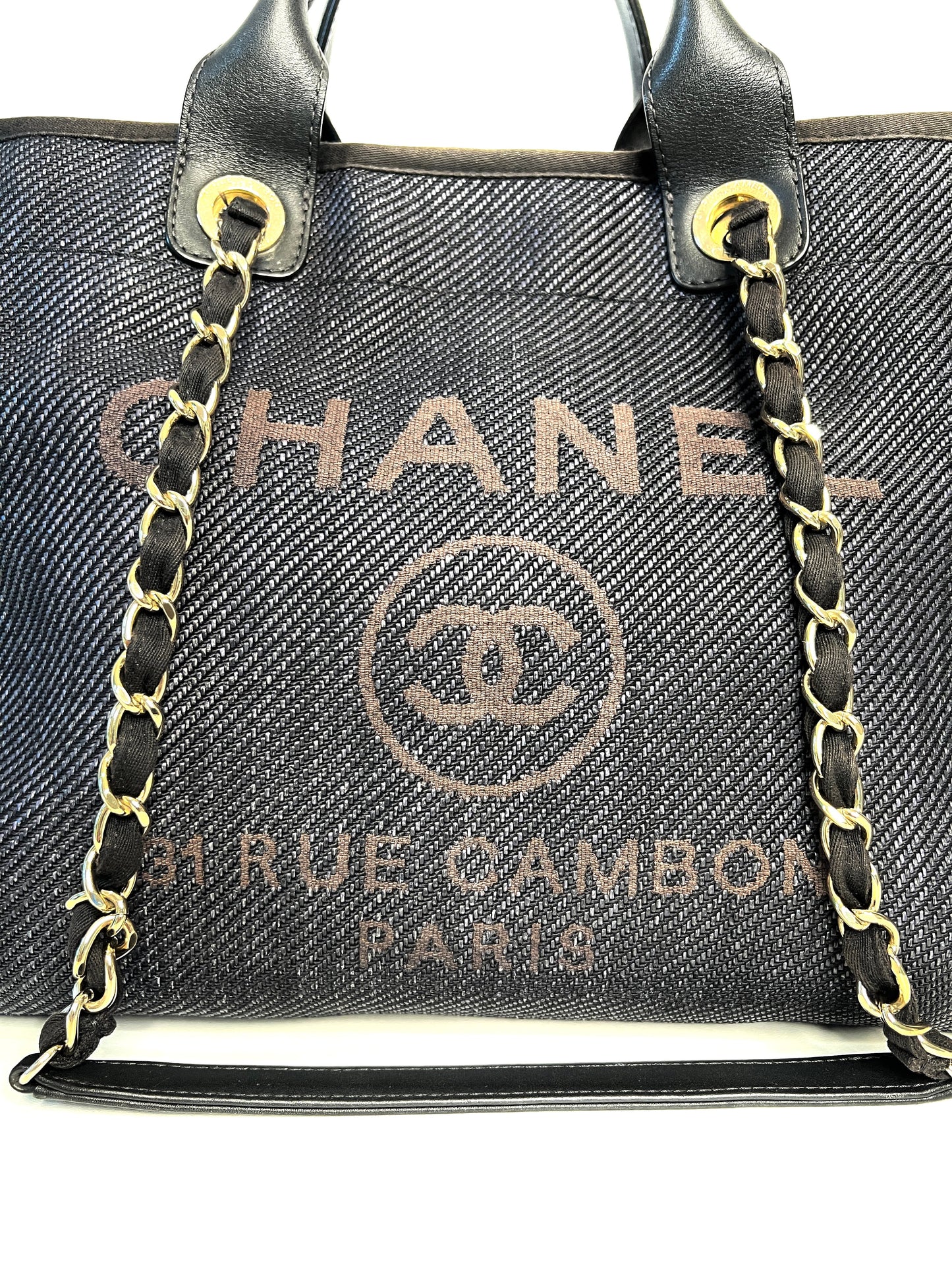 Chanel Deauville Medium Tote Navy Blue Denim Shopping Bag - Preloved