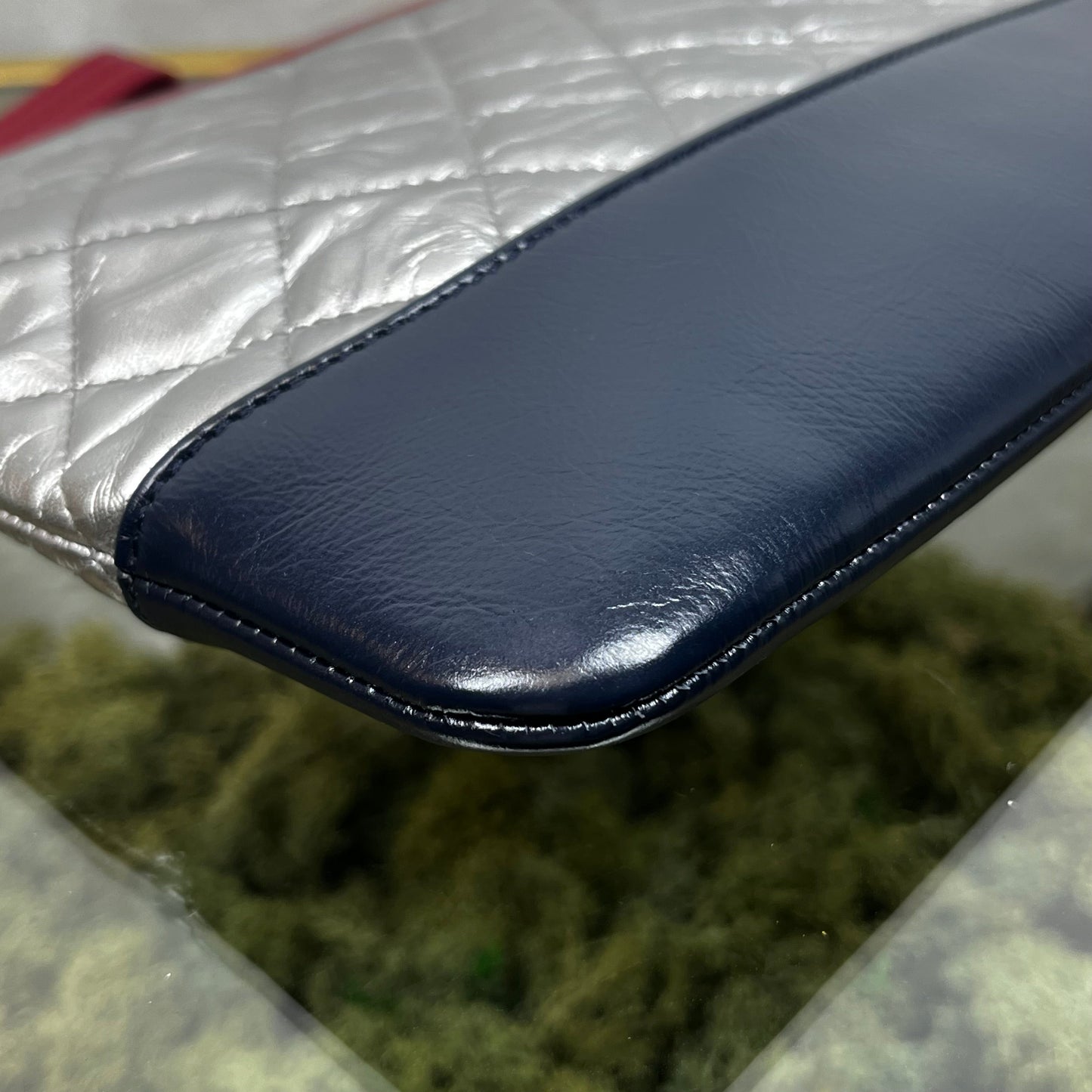 CHANEL Gabrielle Medium Navy Blue Silver Red Aged Calfskin Quilted Cosmetic Case Clutch TS3711