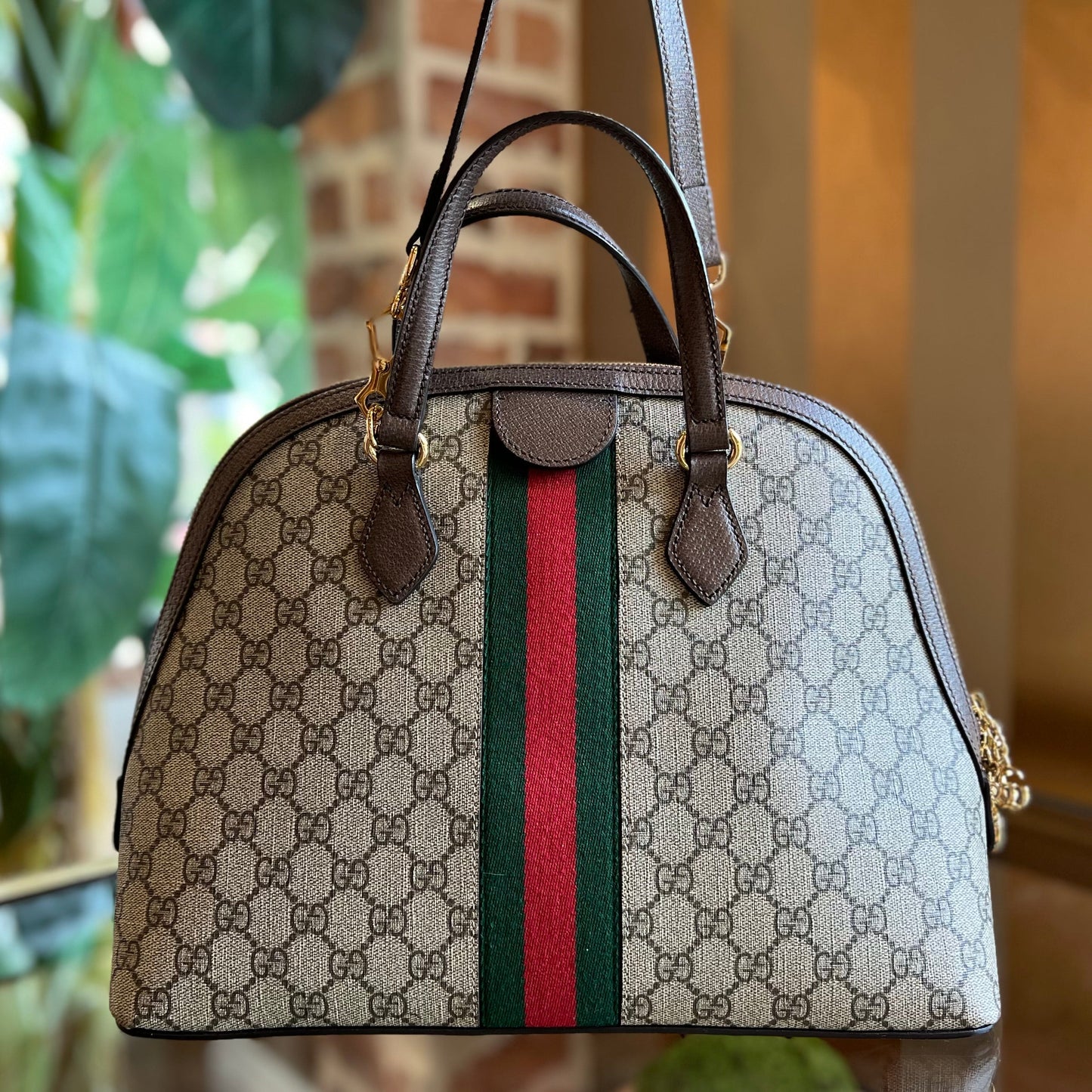 GUCCI Ophidia Dome Medium Beige Ebony GG Supreme Monogram Web Canvas Top Handle Bag