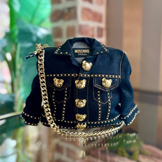 MOSCHINO Denim Jacket Gold Teddy Bear Shoulder Bag TS3906