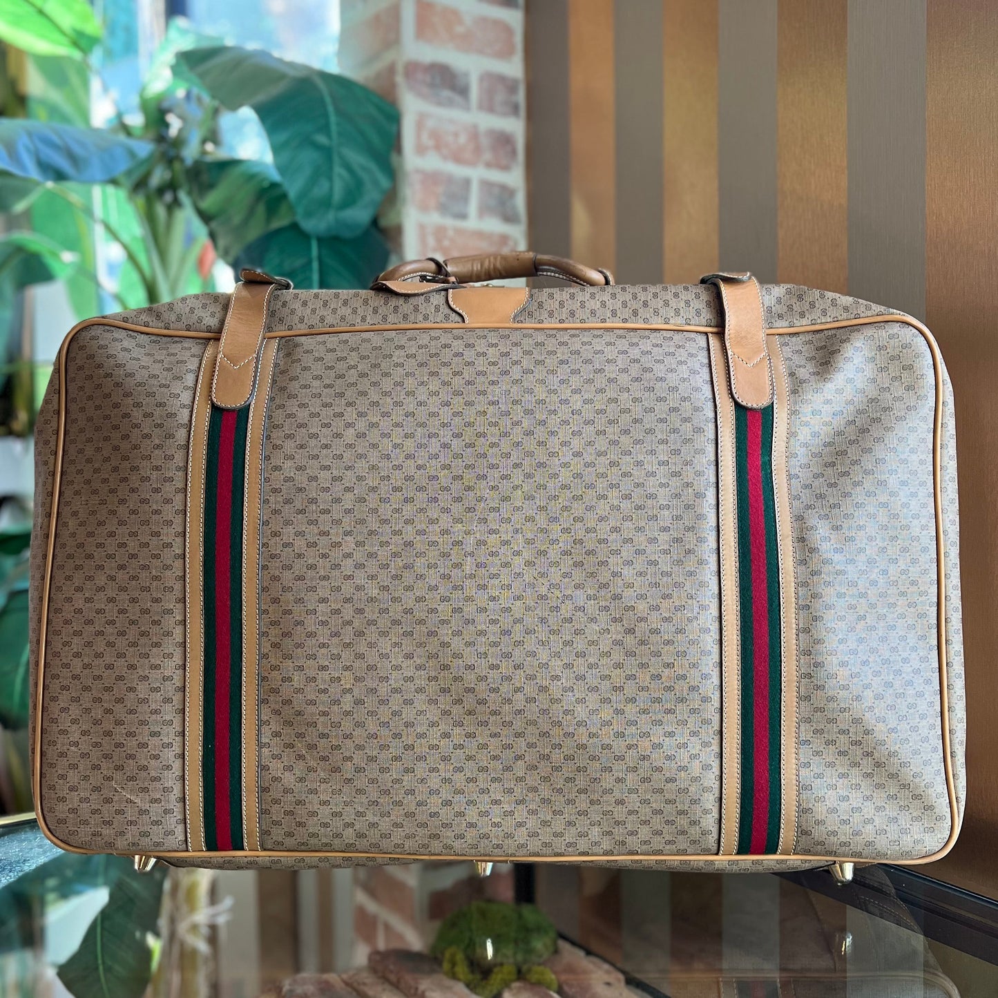 GUCCI Beige Tan Micro GG Canvas Vintage Web Zip Around Travel Bag Suitcase