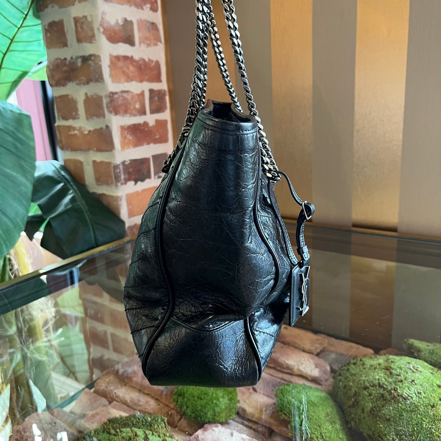 SAINT LAURENT Niki Monogram PM Black Crinkled Calfskin Matelasse Tote