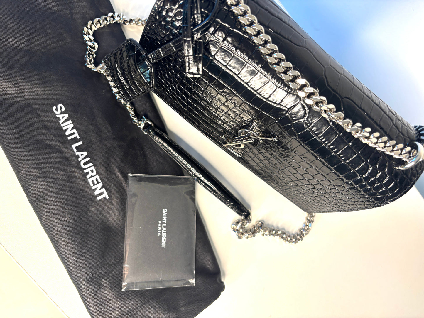 Saint Laurent Sunset Croc-Effect Black Medium Shoulder Bag - Preloved (Like New)