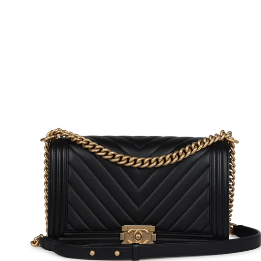 Chanel New Medium Chevron Boy Bag Black Calfskin Antique Gold Hardware