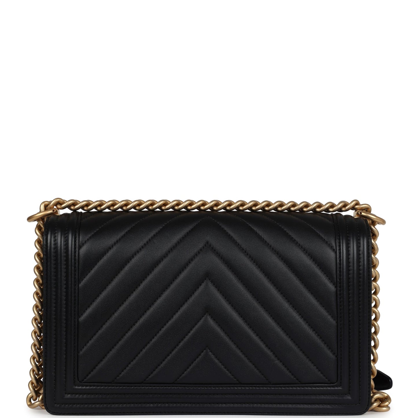 Chanel New Medium Chevron Boy Bag Black Calfskin Antique Gold Hardware