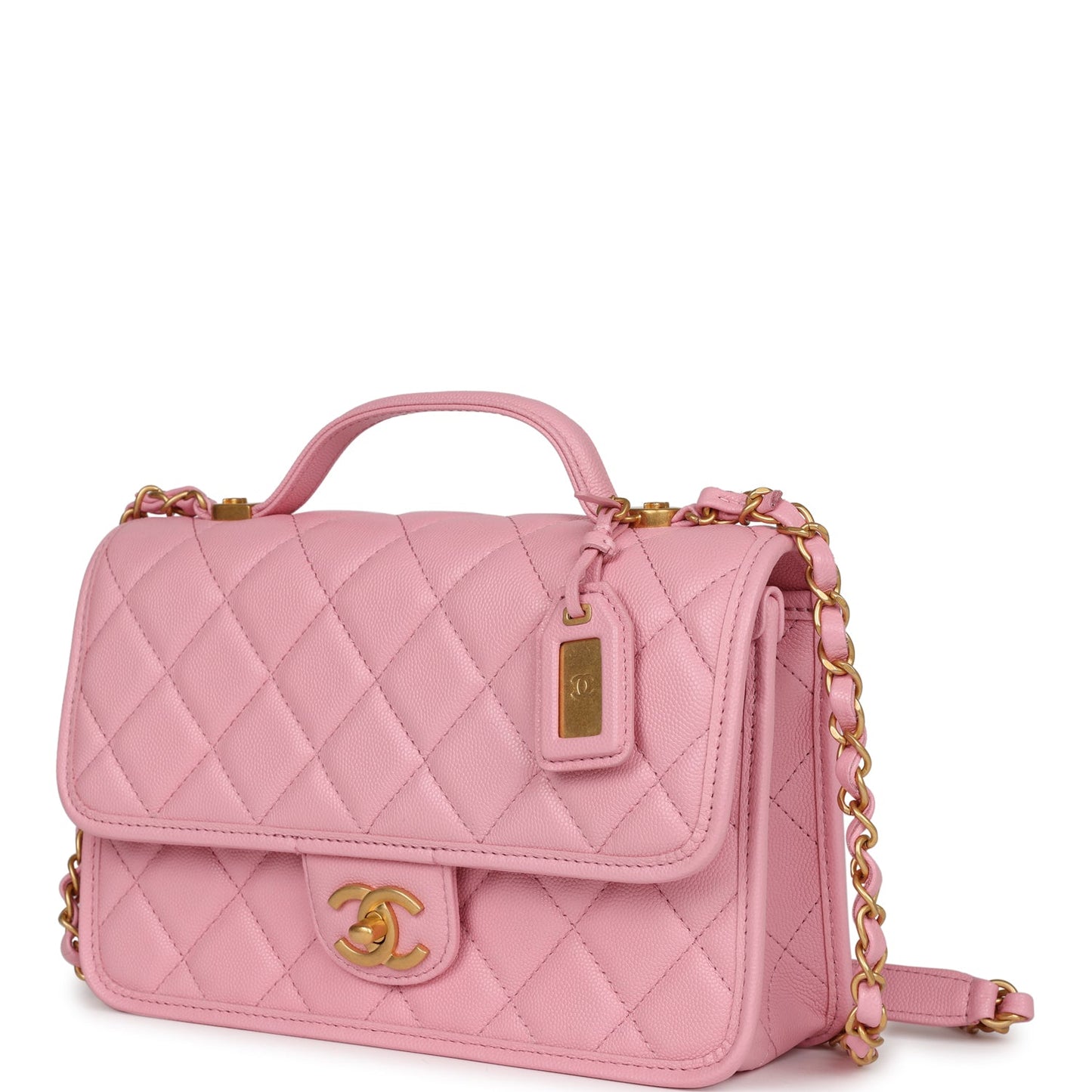 Chanel School Memory Top Handle Flap Bag Pink Caviar Antique Gold Hardware