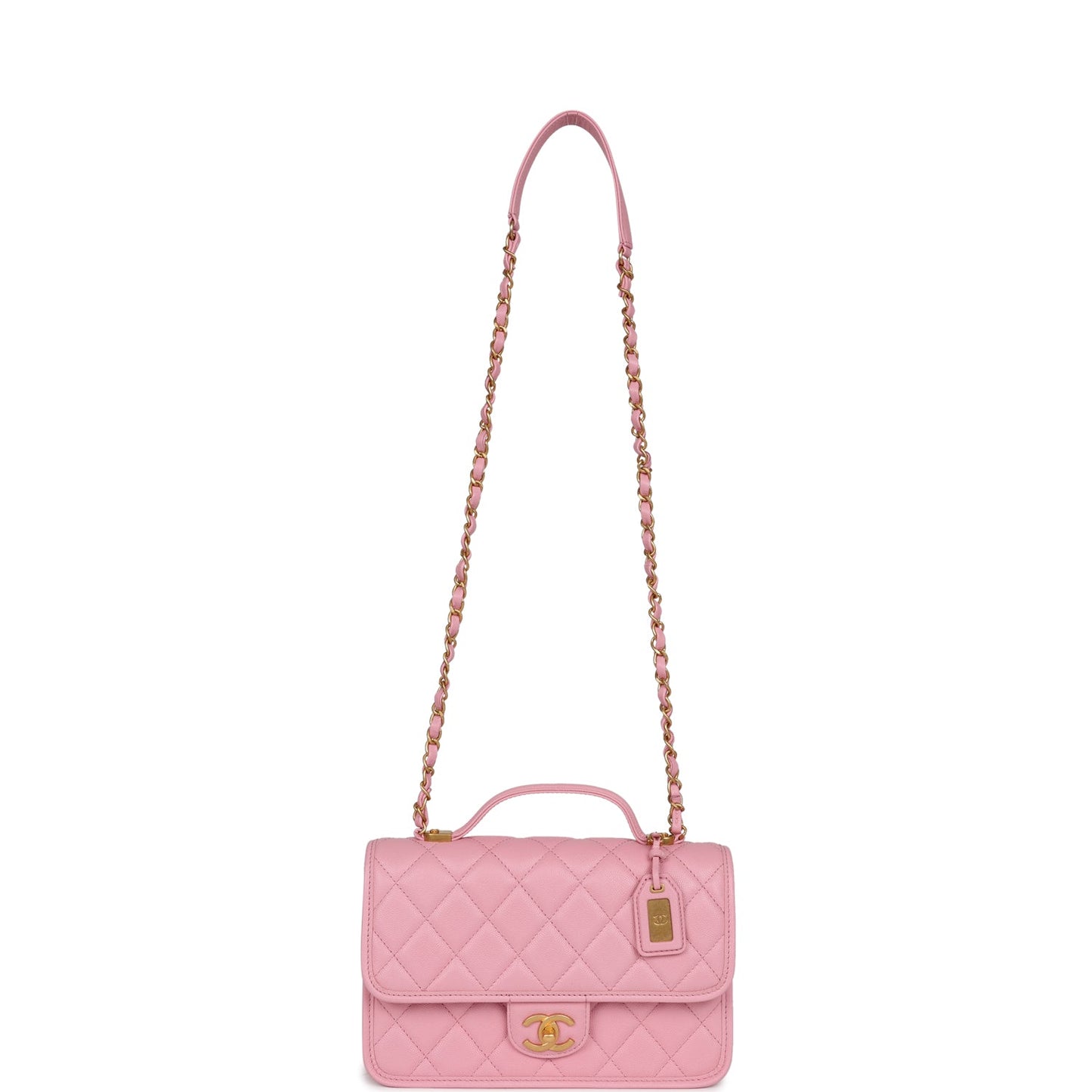 Chanel School Memory Top Handle Flap Bag Pink Caviar Antique Gold Hardware