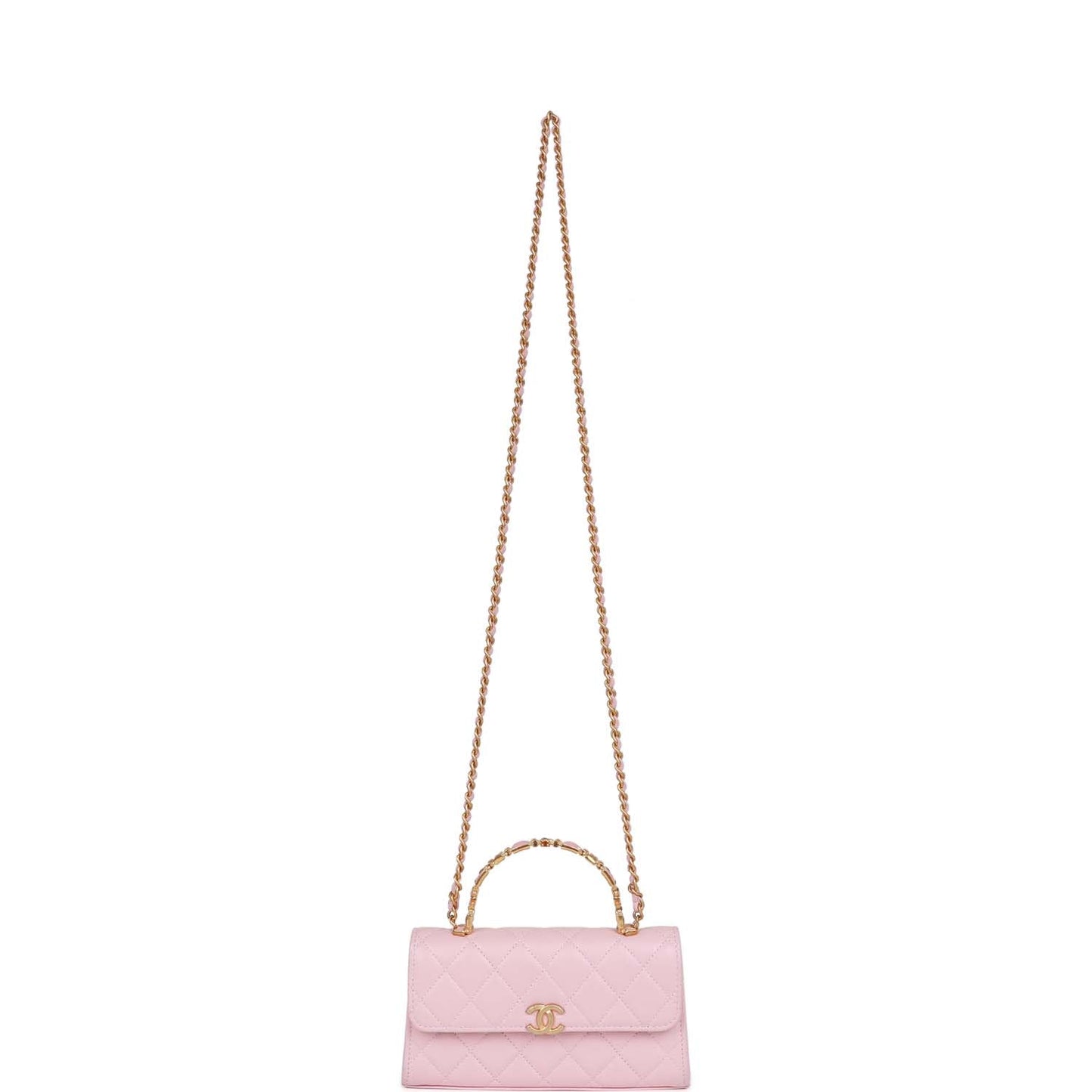 Chanel Enamel Top Handle Phone Holder Pink Lambskin Antique Gold Hardware