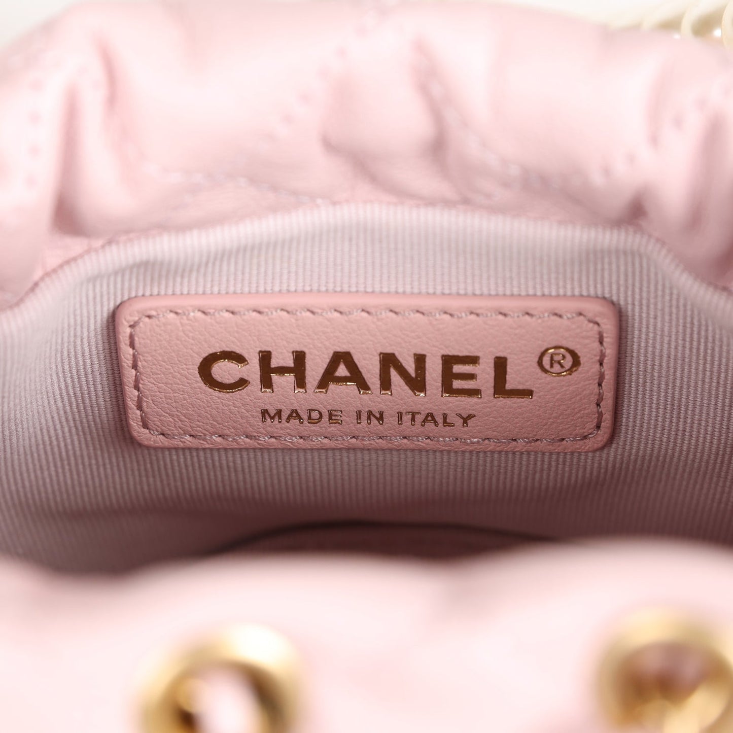 Chanel "About Pearls" Mini Drawstring Bucket Bag Pink Calfskin Brushed Gold Hardware