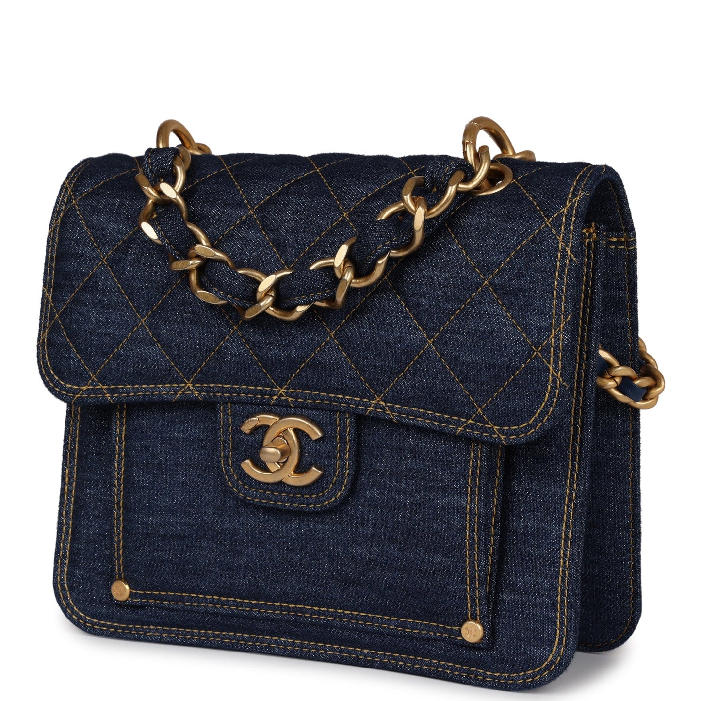 Chanel Square Flap Blue Denim Antique Gold Hardware
