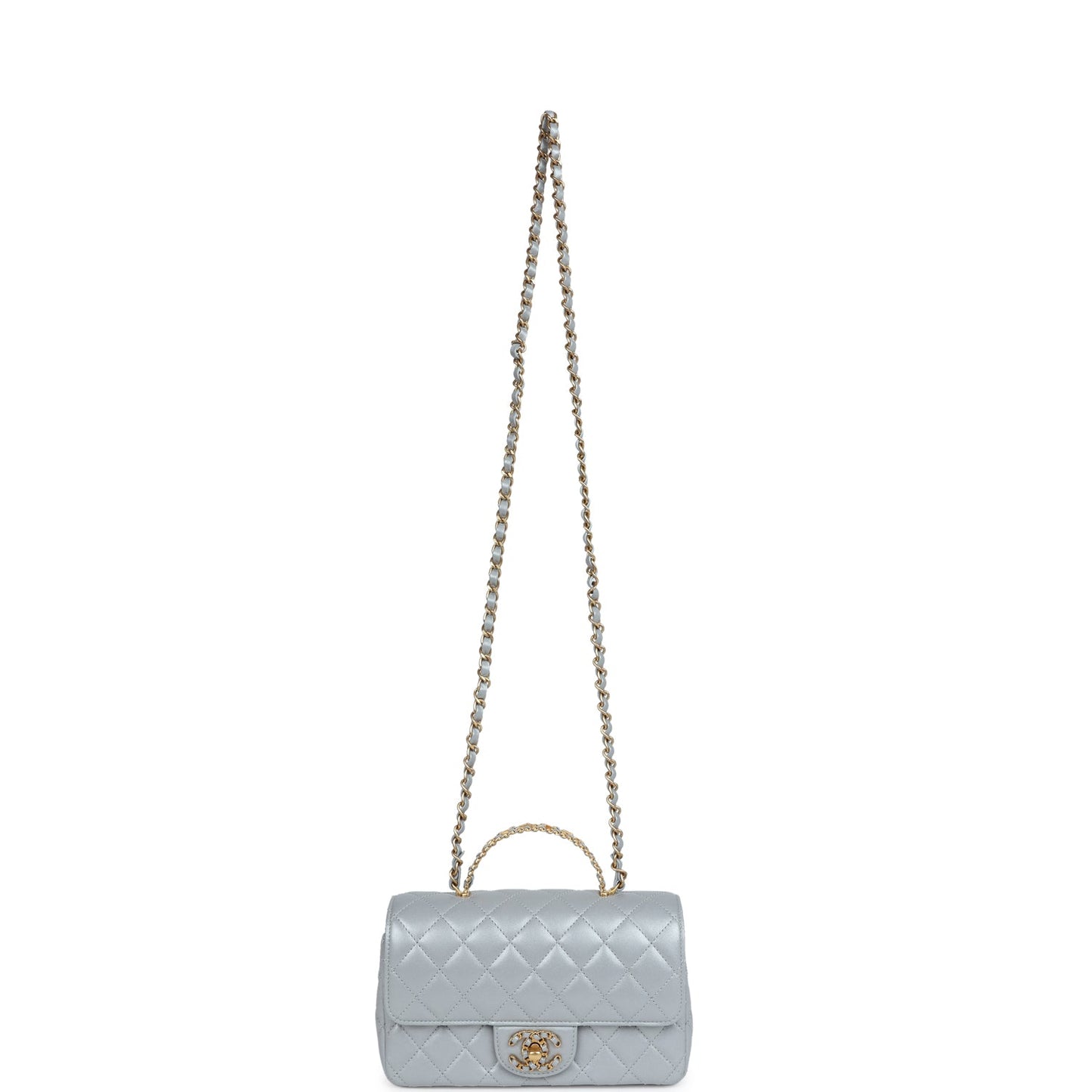 Chanel Mini Rectangular Flap Bag with Top Handle Grey Lambskin Antique Gold Hardware