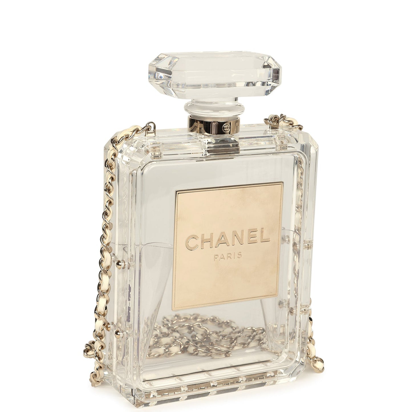 Chanel Minaudiere No. 5 Perfume Clutch Transparent Plexiglass Light Gold Hardware