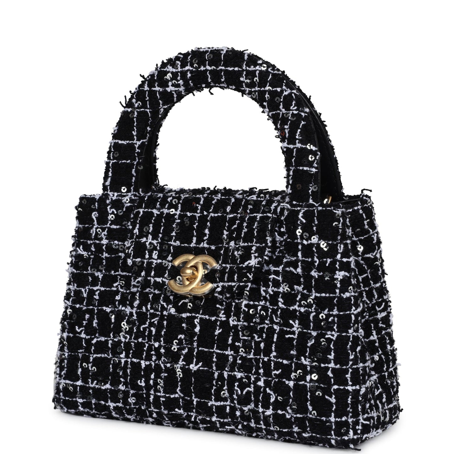 Chanel Small Kelly Shopper Black, White & Silver Sequin Tweed Brushed Gold Hardware