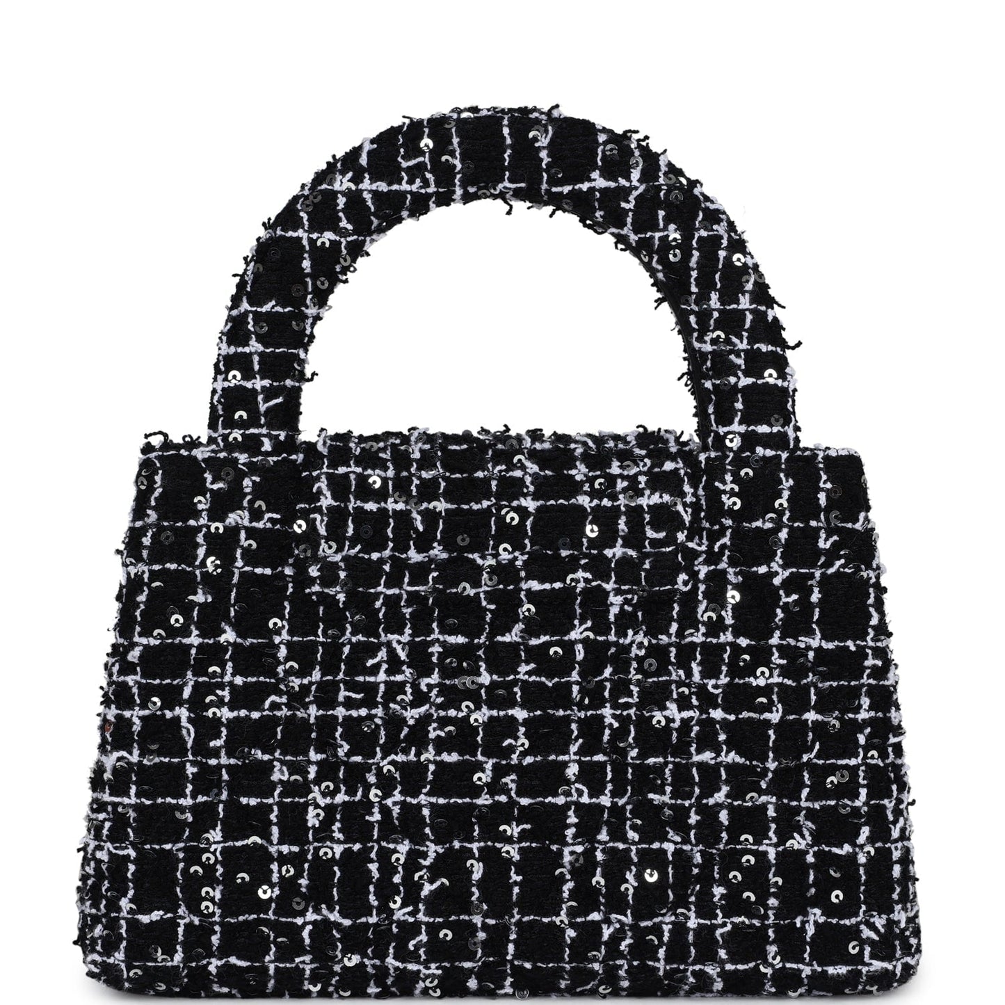 Chanel Small Kelly Shopper Black, White & Silver Sequin Tweed Brushed Gold Hardware