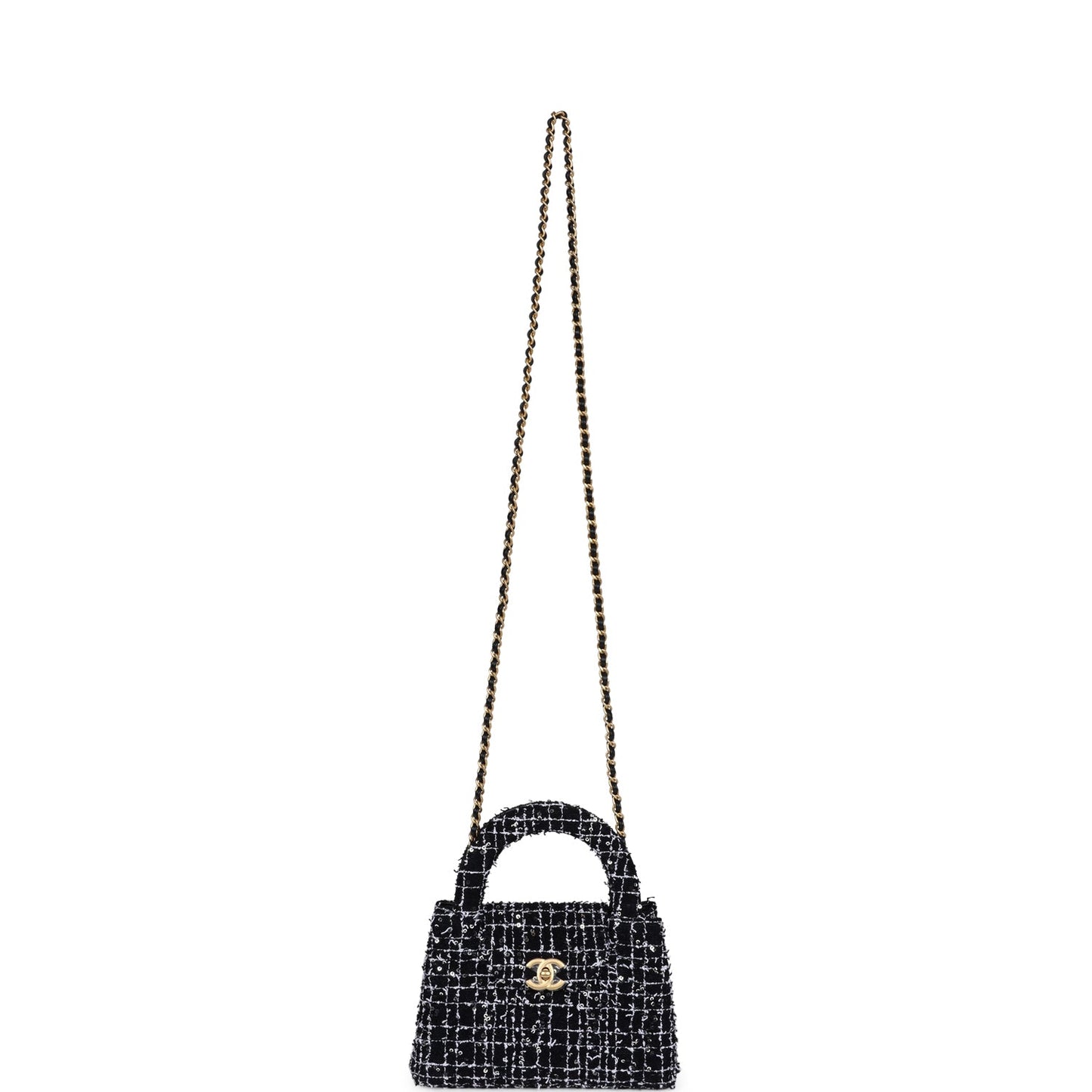 Chanel Small Kelly Shopper Black, White & Silver Sequin Tweed Brushed Gold Hardware