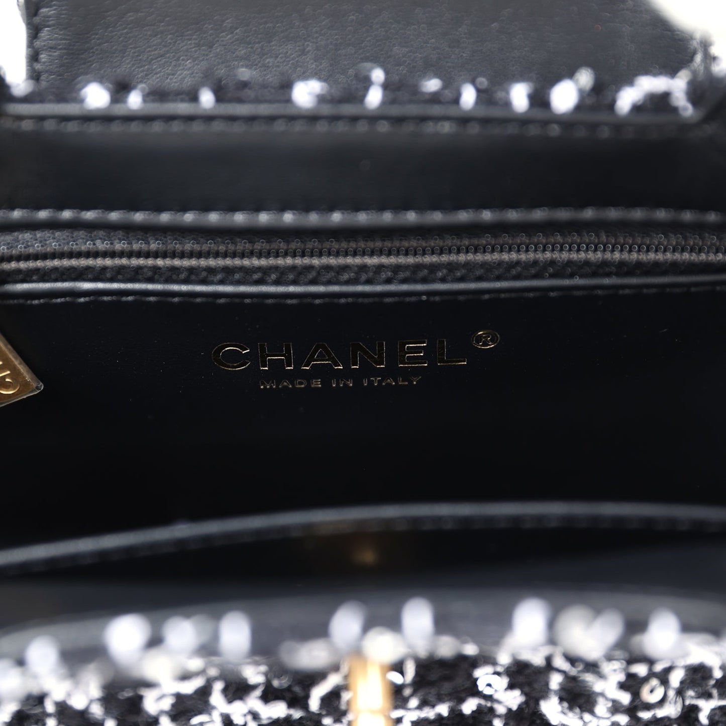 Chanel Small Kelly Shopper Black, White & Silver Sequin Tweed Brushed Gold Hardware