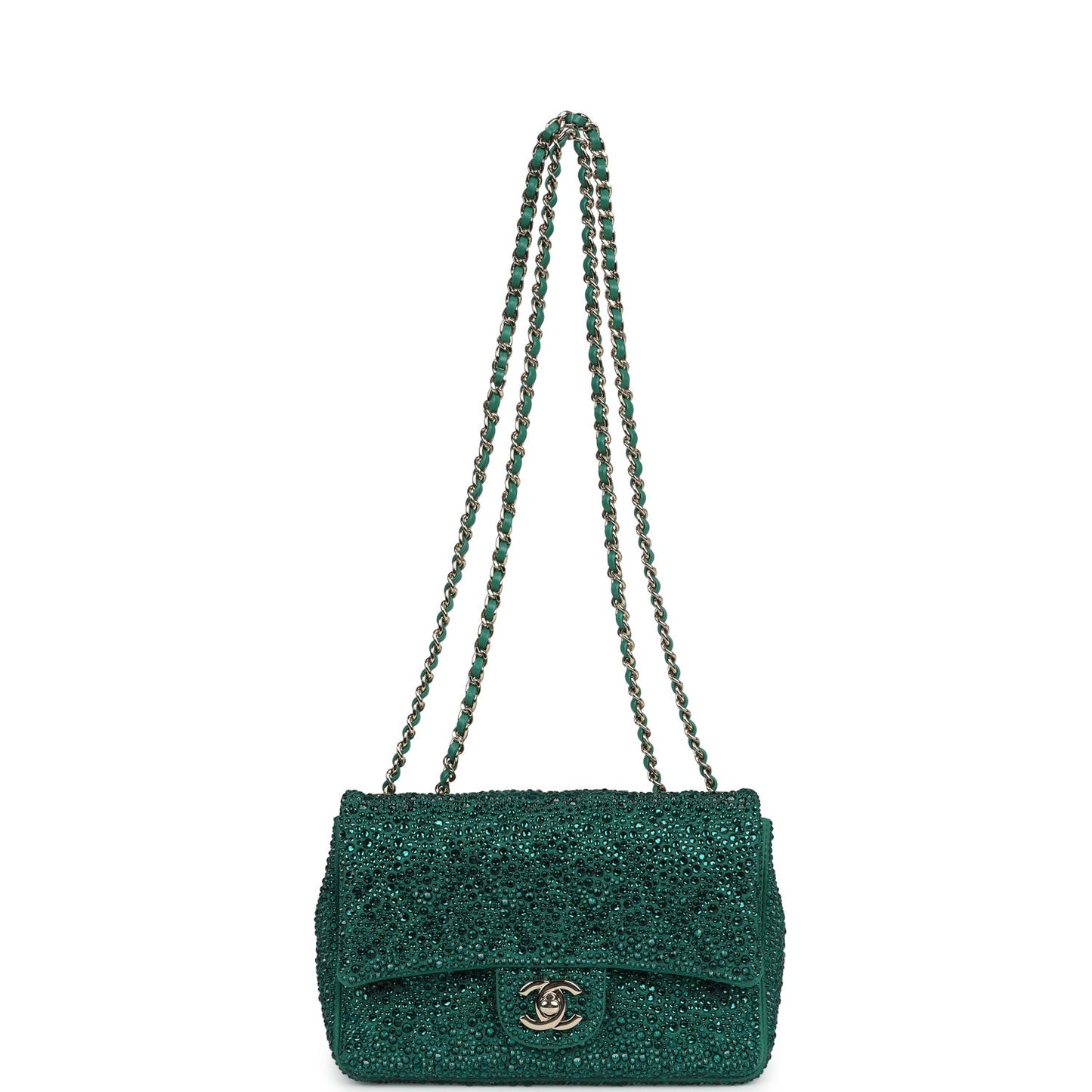 Chanel Mini Flap Bag Green Swarovski Crystal and Green Lambskin Silver Hardware